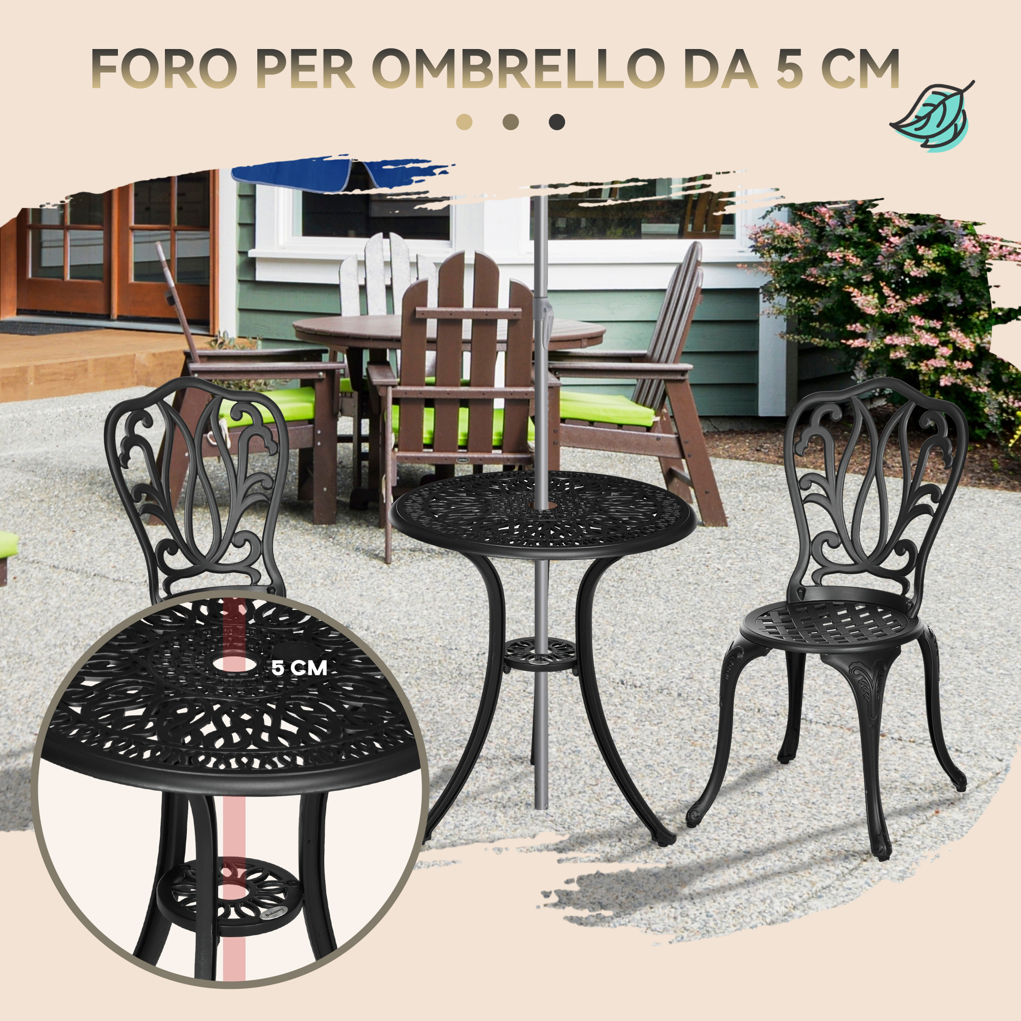 Set da giardino in metallo nero con tavolo e due sedie, foro per ombrellone da 5cm.