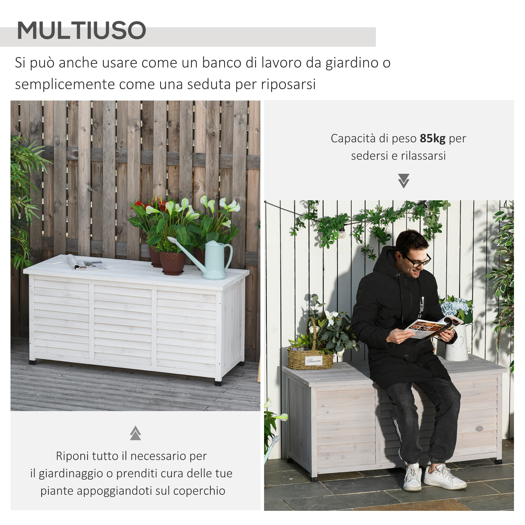 Panca da giardino bianca con piante e un uomo che legge.