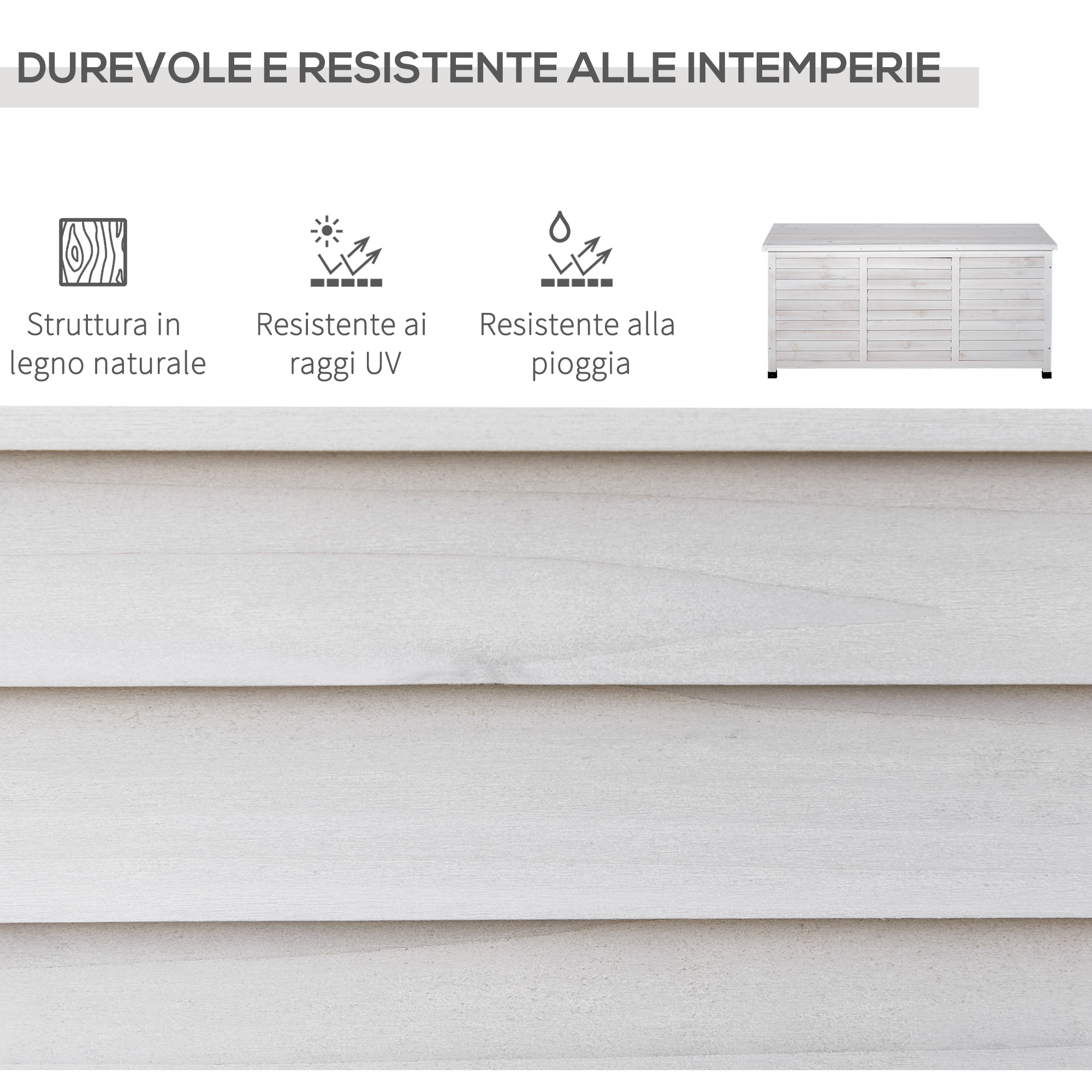 Baúle in legno bianco, resistente alle intemperie e ai raggi UV.
