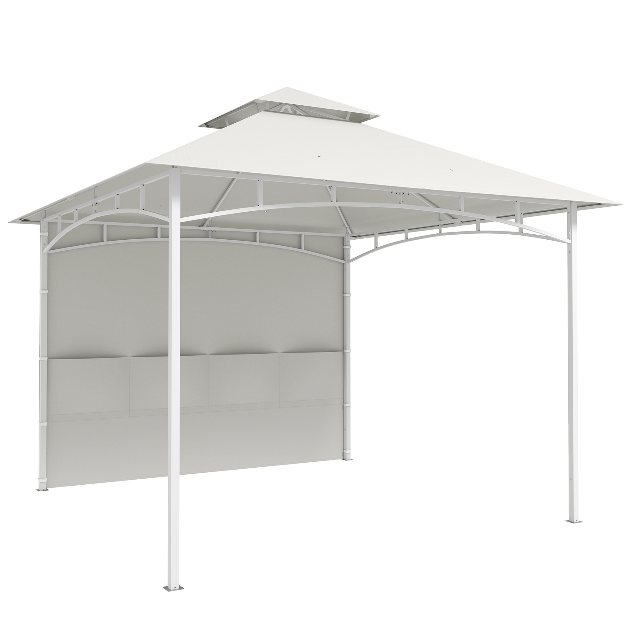 Un gazebo bianco con tetto a doppio livello e pannelli laterali grigi.