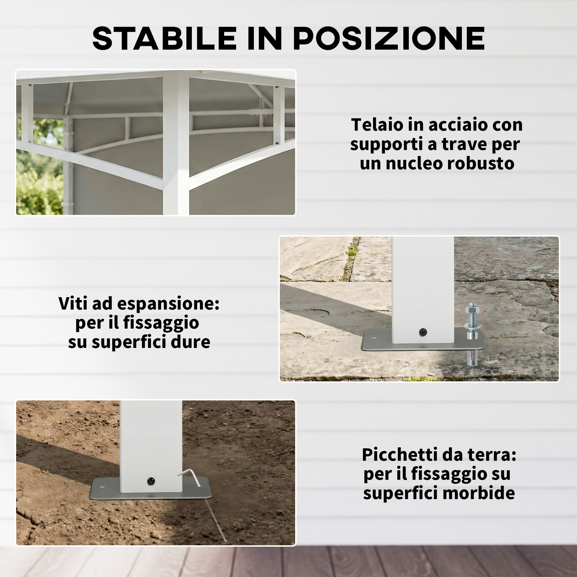 Telaio in acciaio con supporti a trave per un nucleo robusto. Viti per fissaggio su superfici dure.