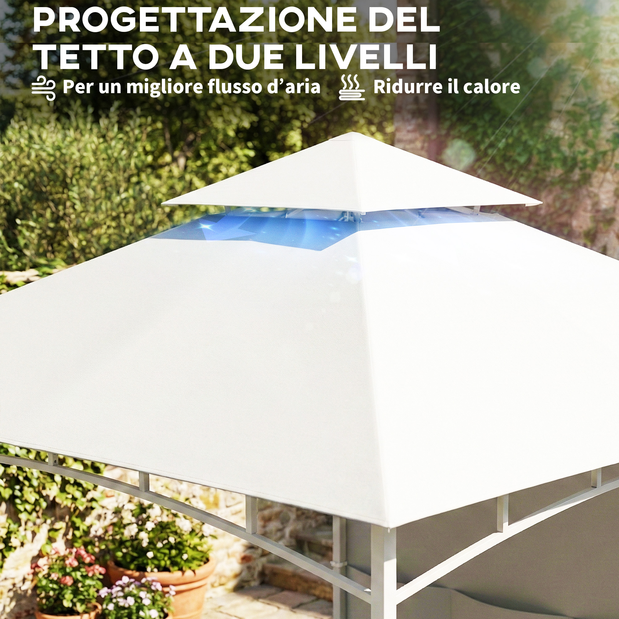 Tetto bianco a gazebo a due livelli con dettaglio di luce blu. Esterno soleggiato con piante.