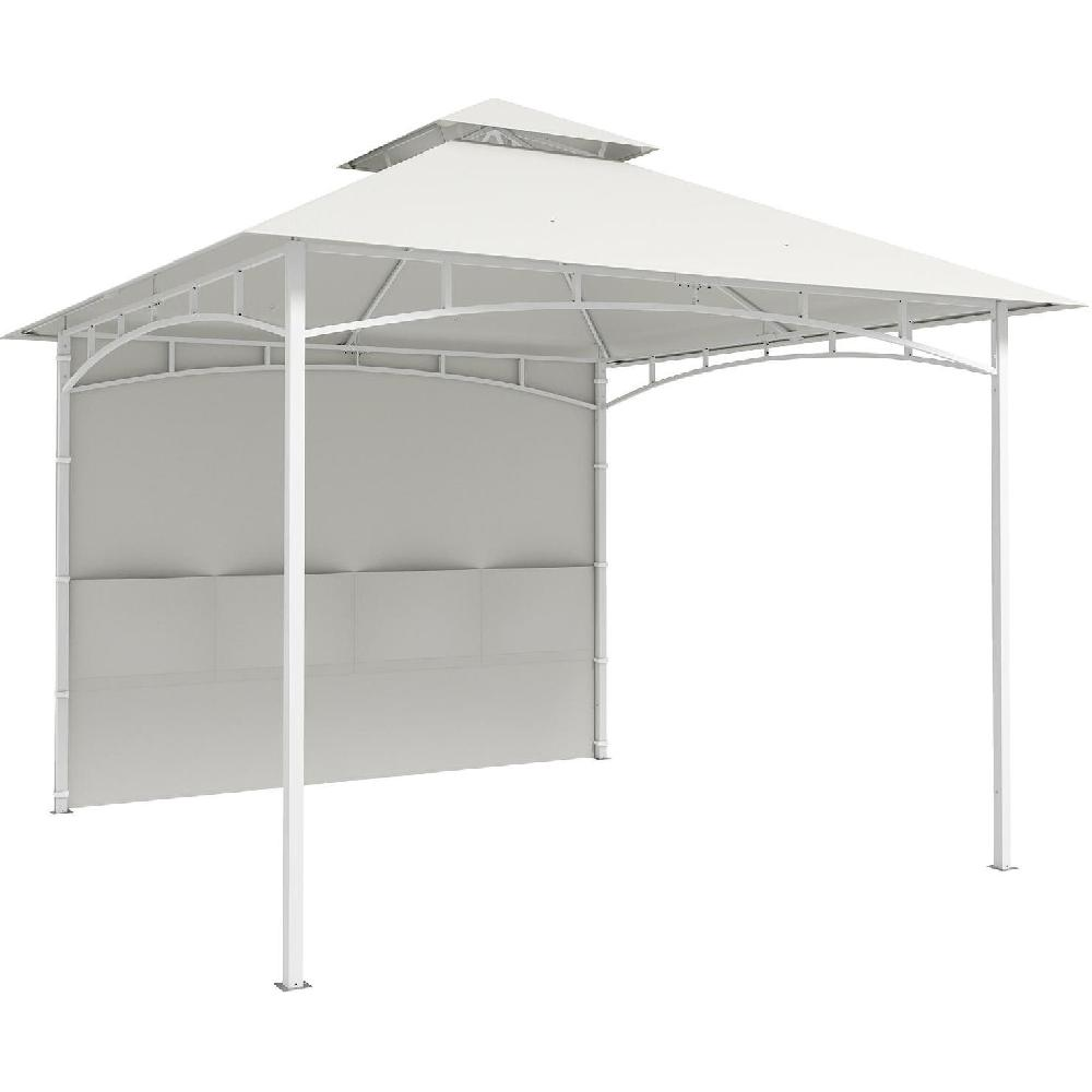 Una pergola bianca con tetto in tessuto grigio e due livelli.