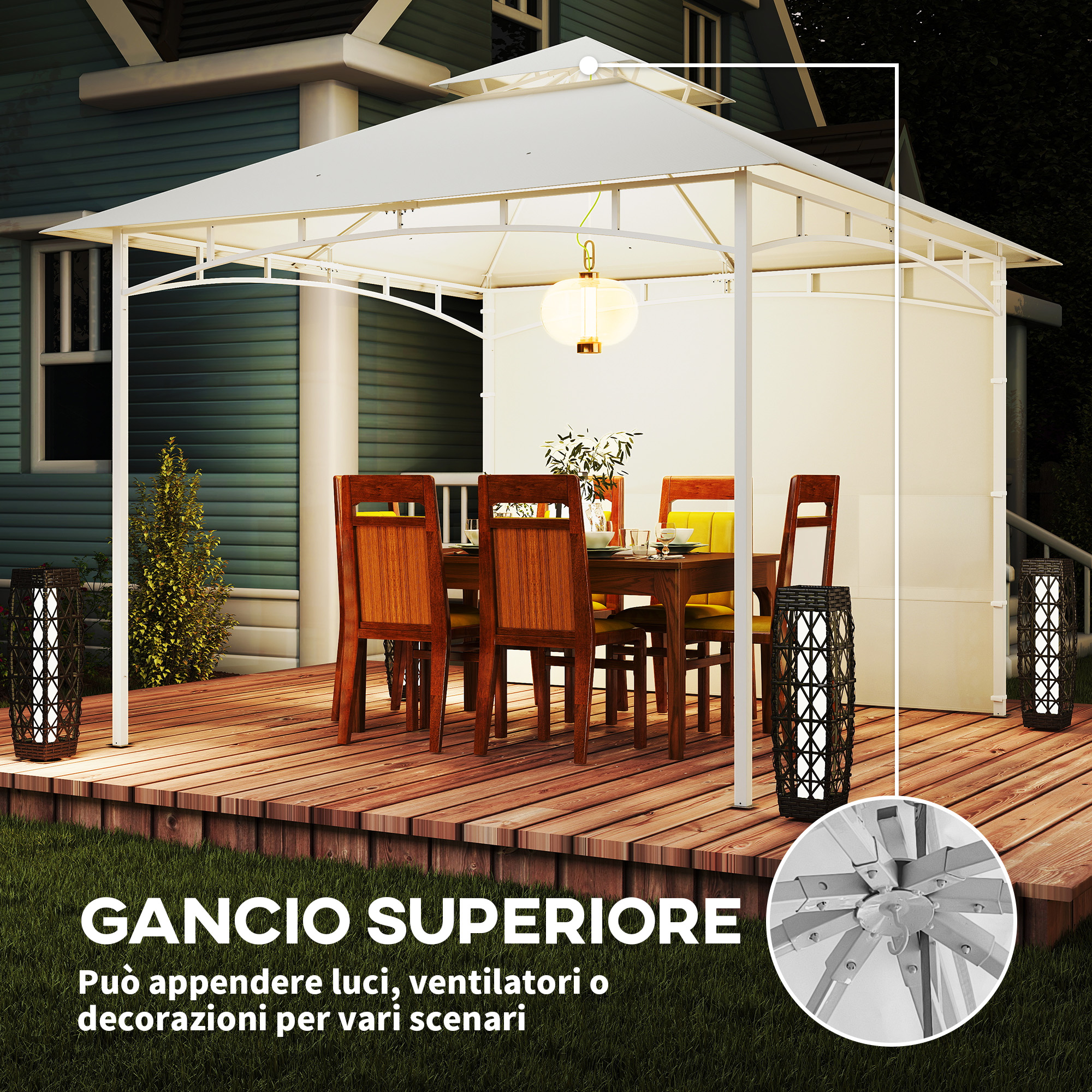 Gazebo bianco con tavolo, sedie e lanterne in legno su un ponte di legno.
