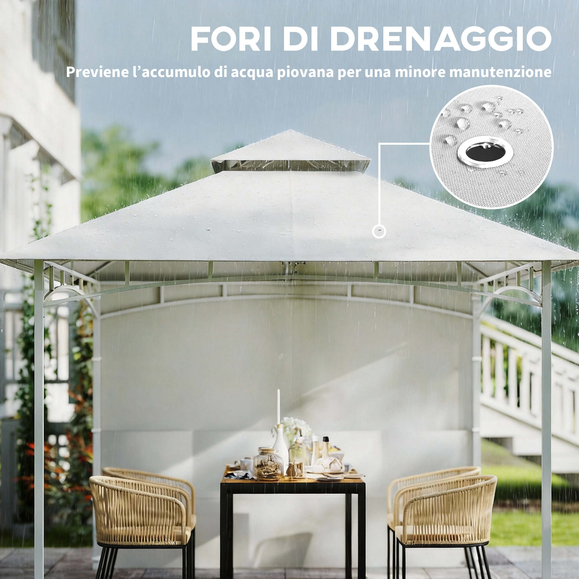 Tetto di gazebo bianco sotto la pioggia con gocce d'acqua e un dettaglio ravvicinato di un foro di scarico.