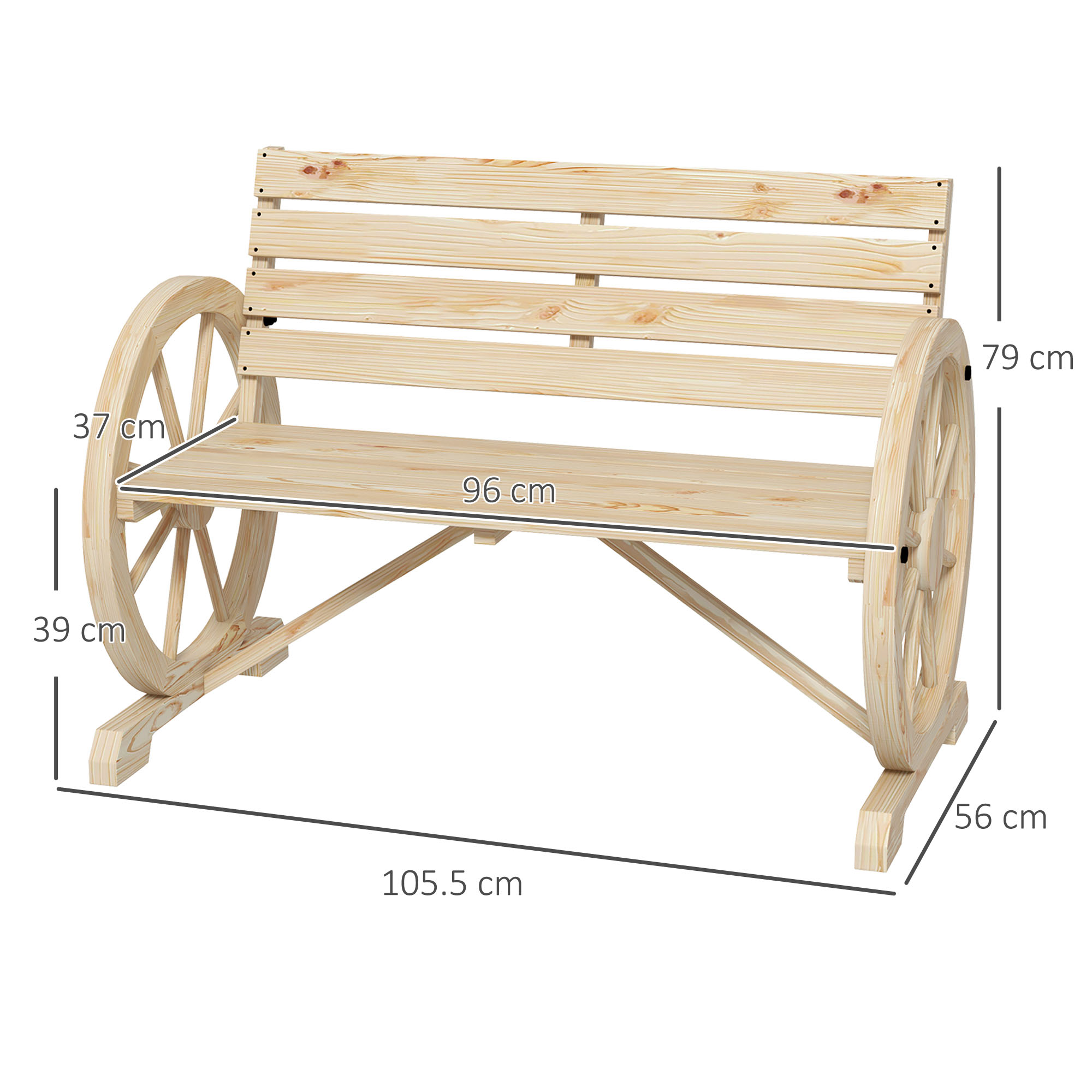 Panchina in legno con fianchi a ruota di carro. Dimensioni mostrate: 105,5 cm L, 96 cm L, 79 cm A.