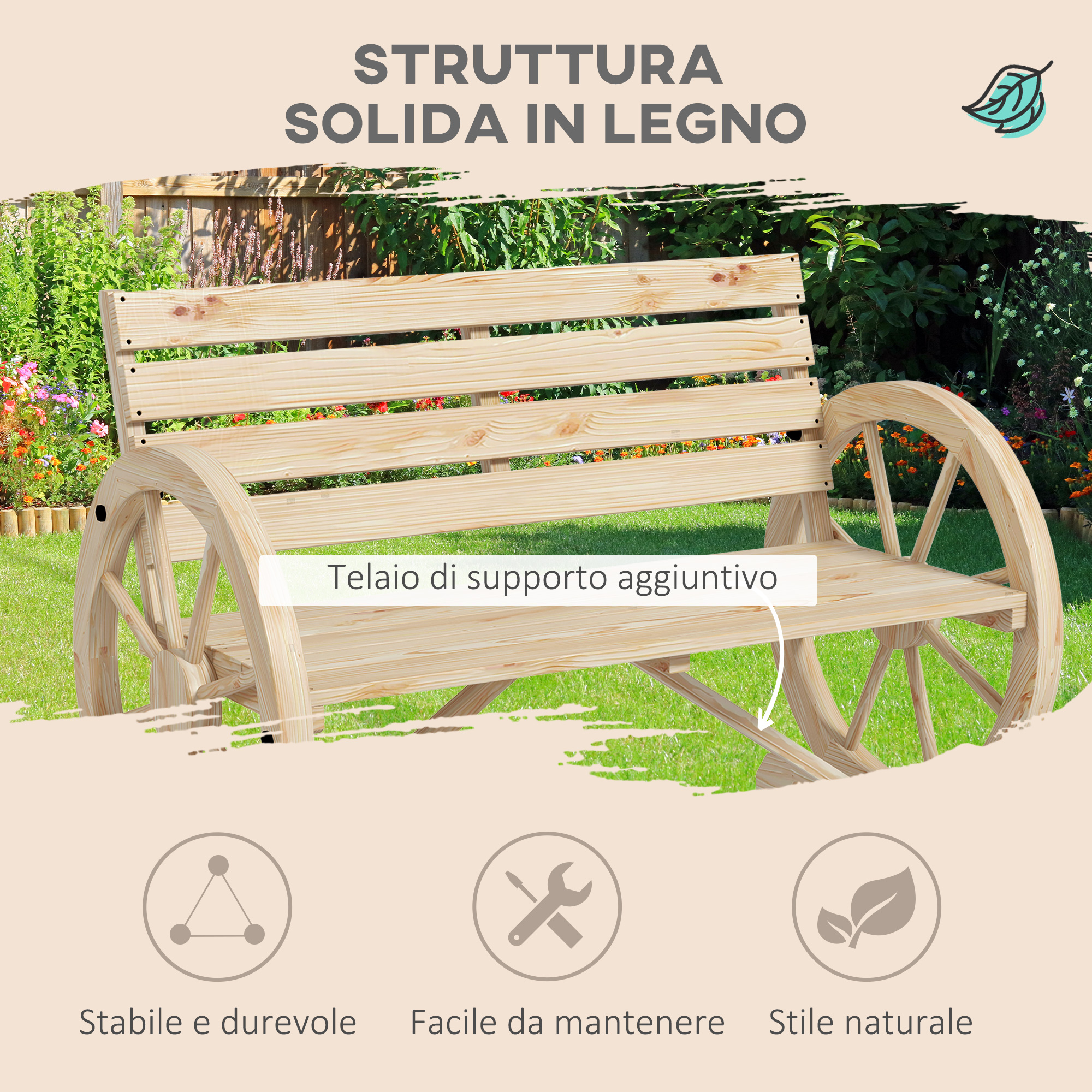 Panca in legno con ruote in giardino, solida struttura in legno con telaio di supporto aggiuntivo.