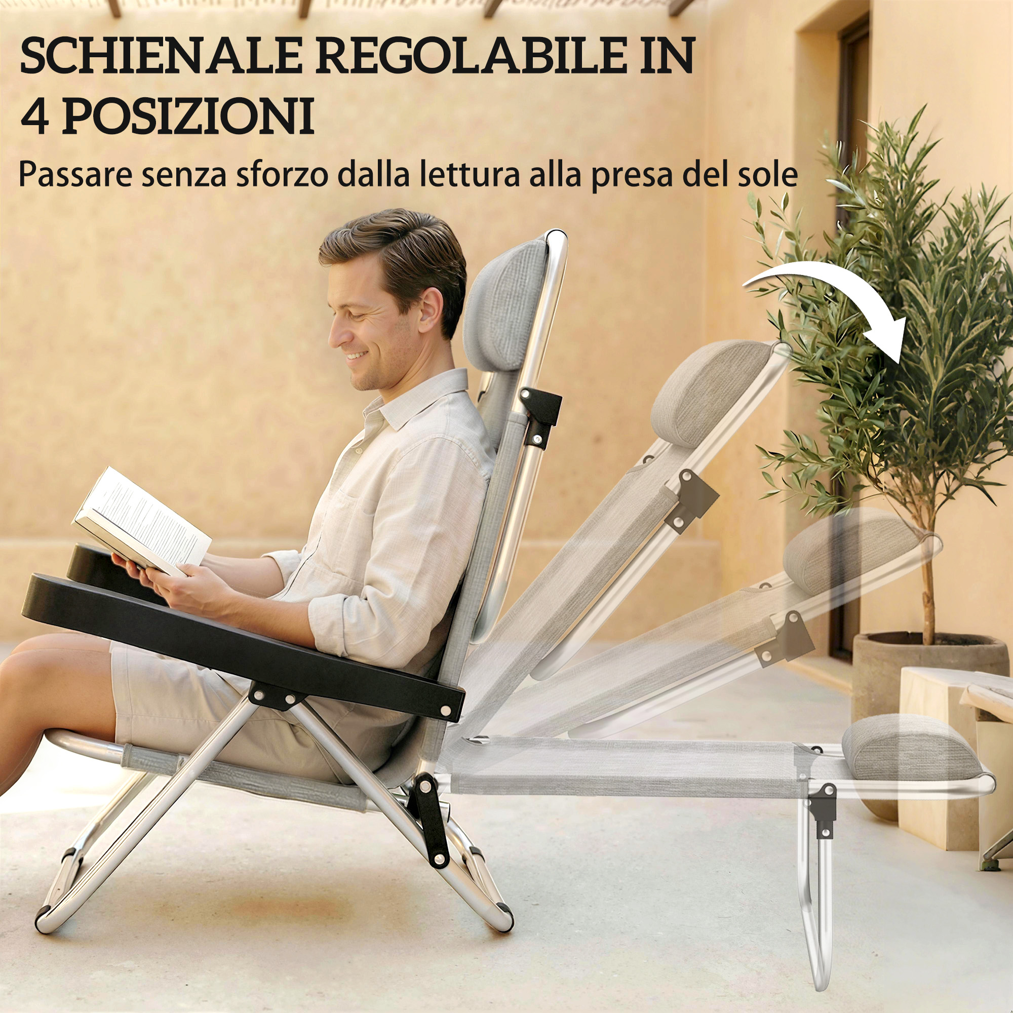 Uomo legge libro su sedia regolabile all'aperto vicino a pianta.