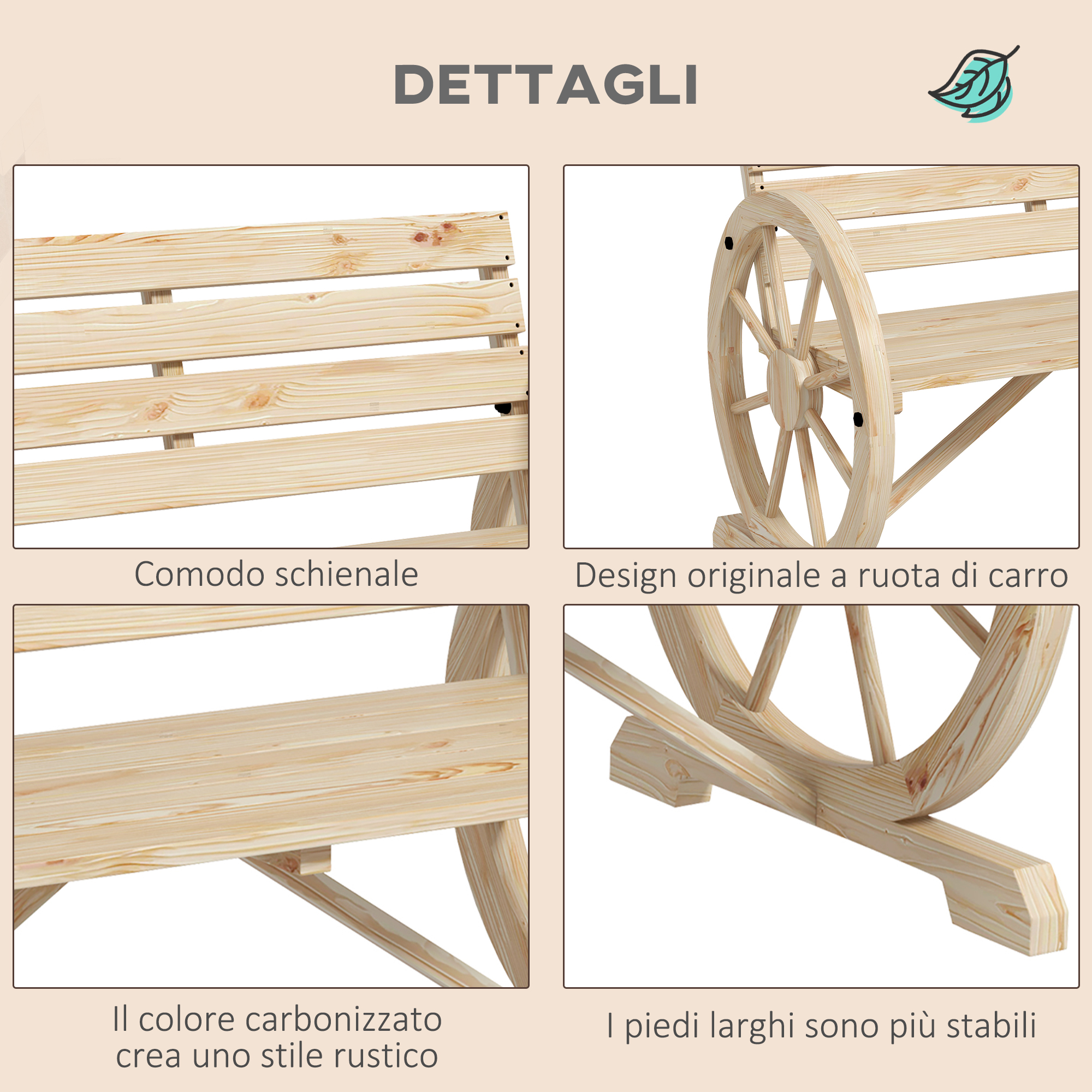 Panca in legno con ruota di carro e piedi larghi.