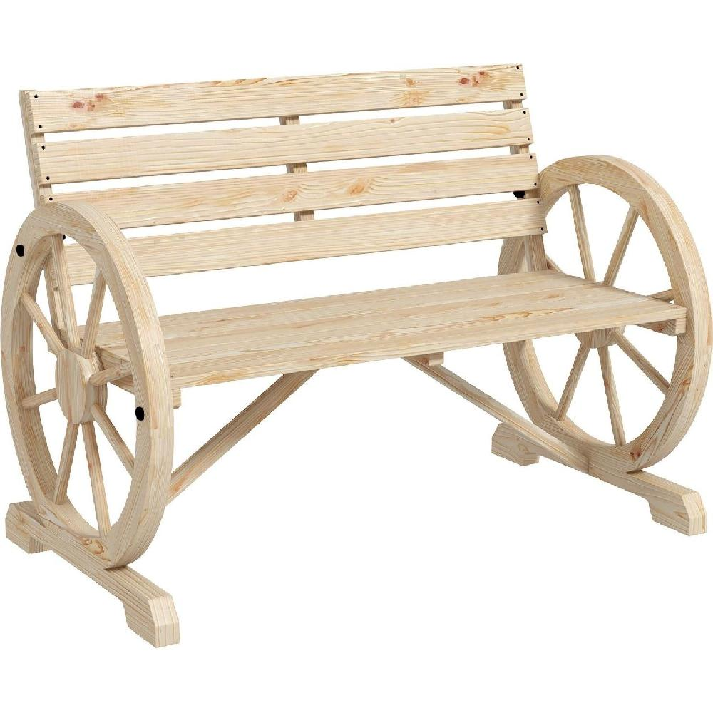 Panchina in legno con braccioli a ruota di carro su sfondo bianco.
