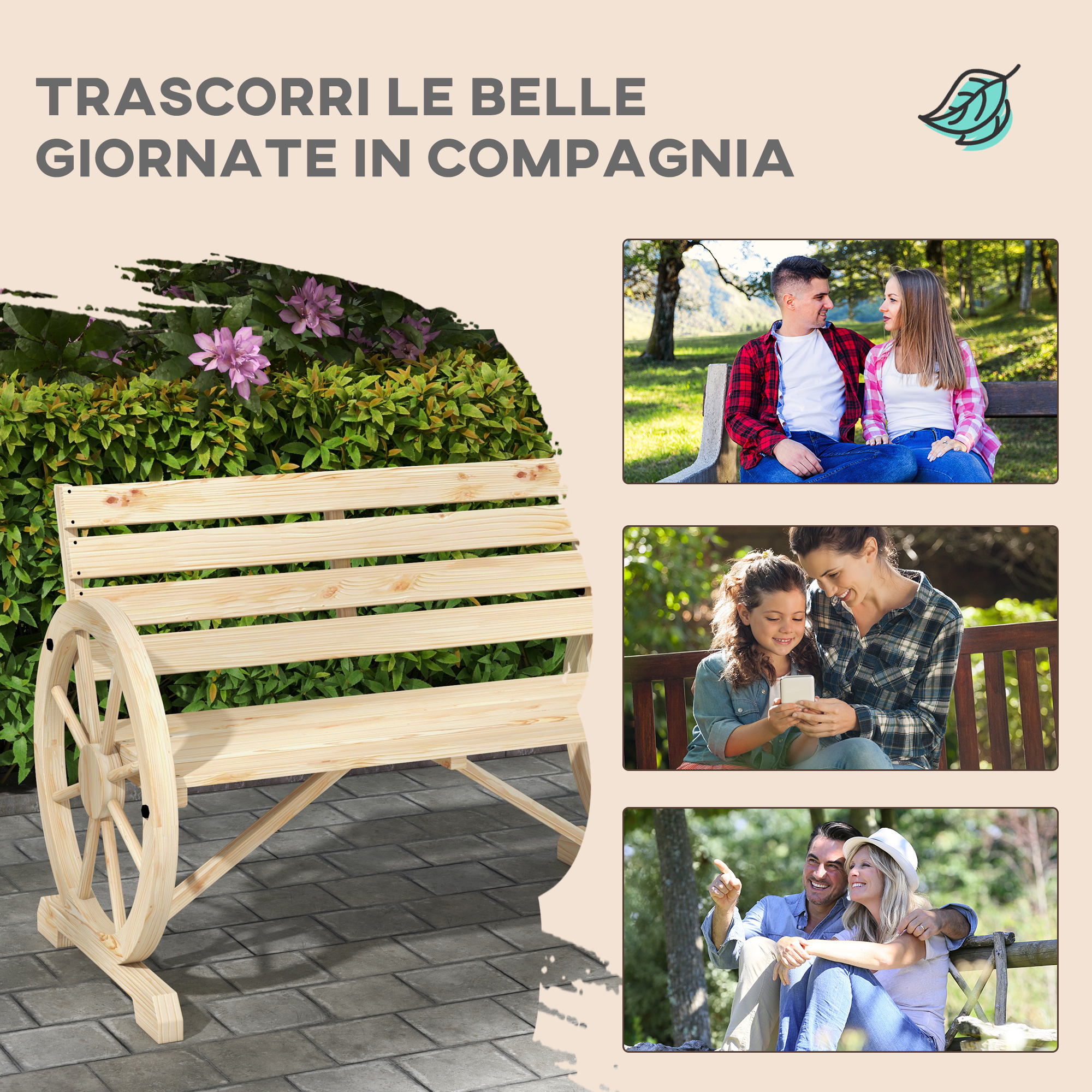 Panca in legno con accento ruota, coppia su panca, madre e figlio con telefono, coppia su panca.