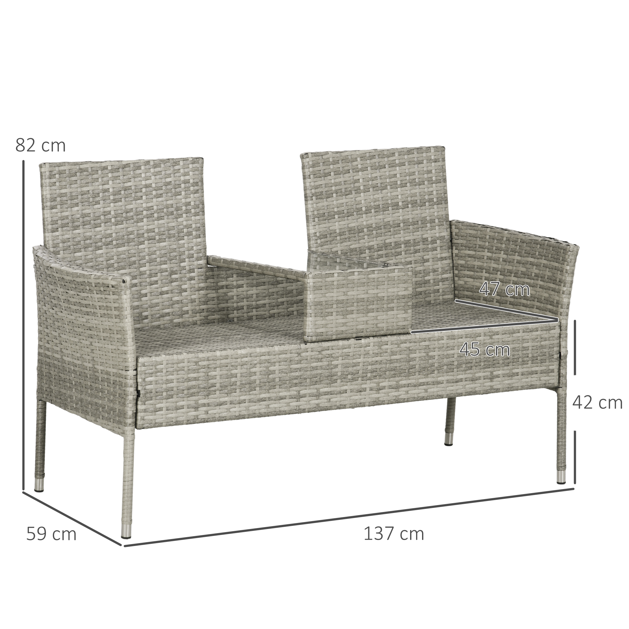 Divanetto in vimini grigio con gambe in metallo. Dimensioni mostrate: A 82cm, L 137cm, P 59cm. Seduta A 45cm, Seduta L 47cm.