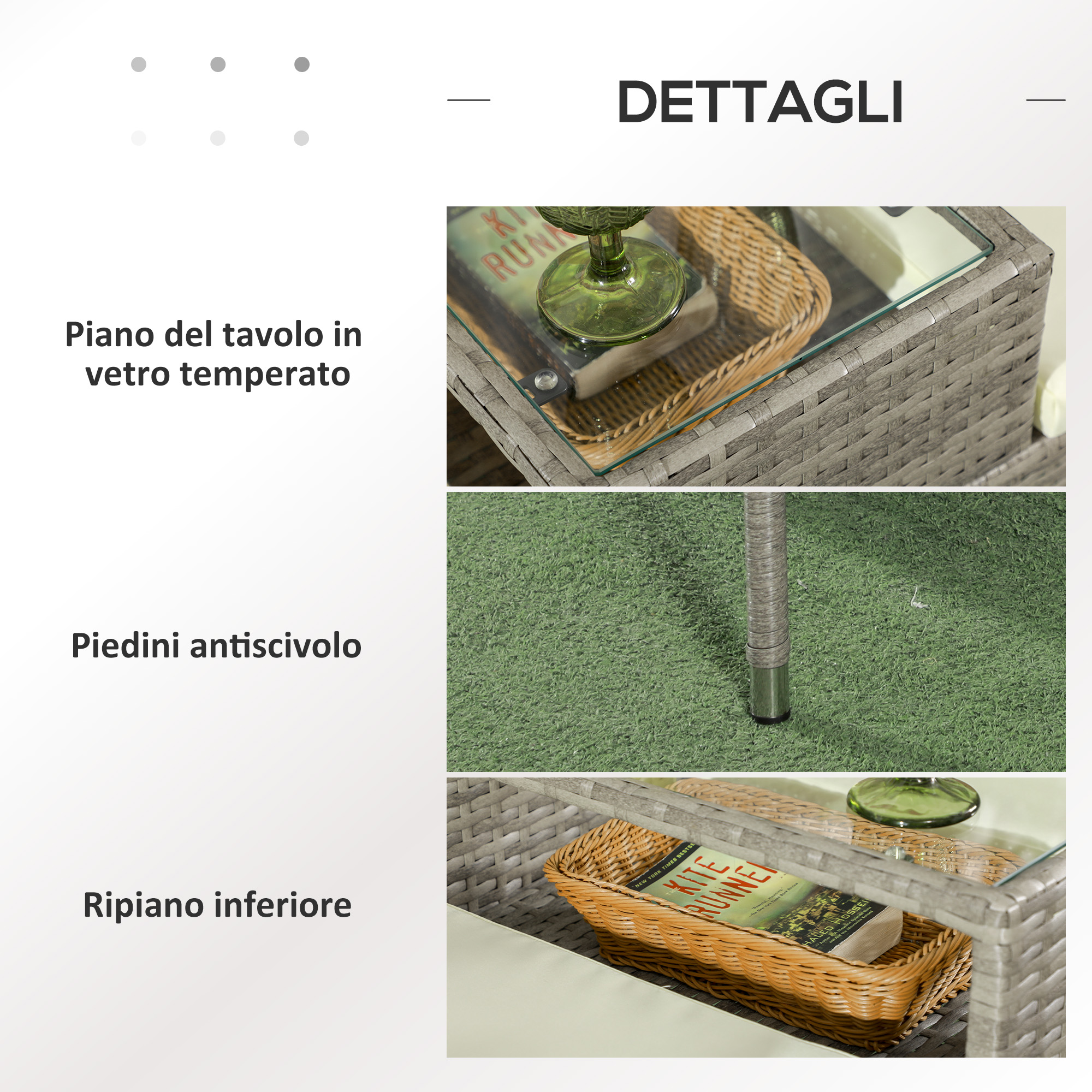 Tavolo in rattan grigio con piano in vetro, libro, vaso verde e cesto.