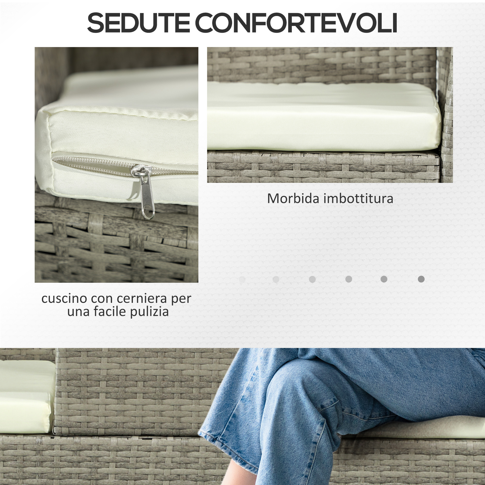 Divano in rattan grigio con cuscini beige e cerniera.