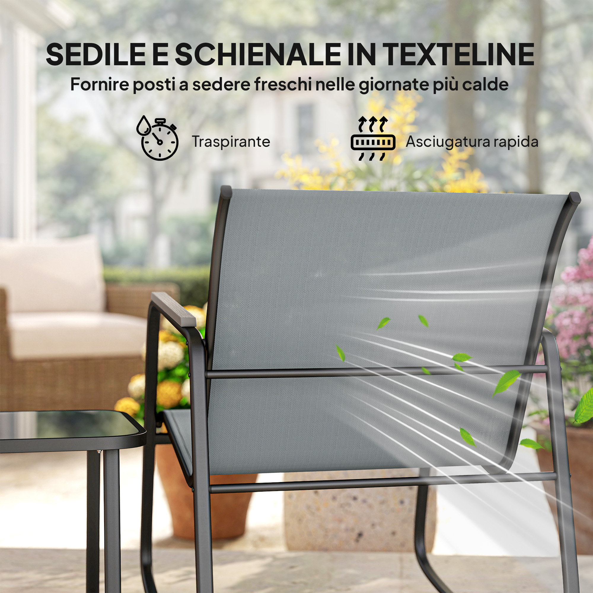 Sedia grigia in textilene con tavolo esterno, con flusso d'aria.