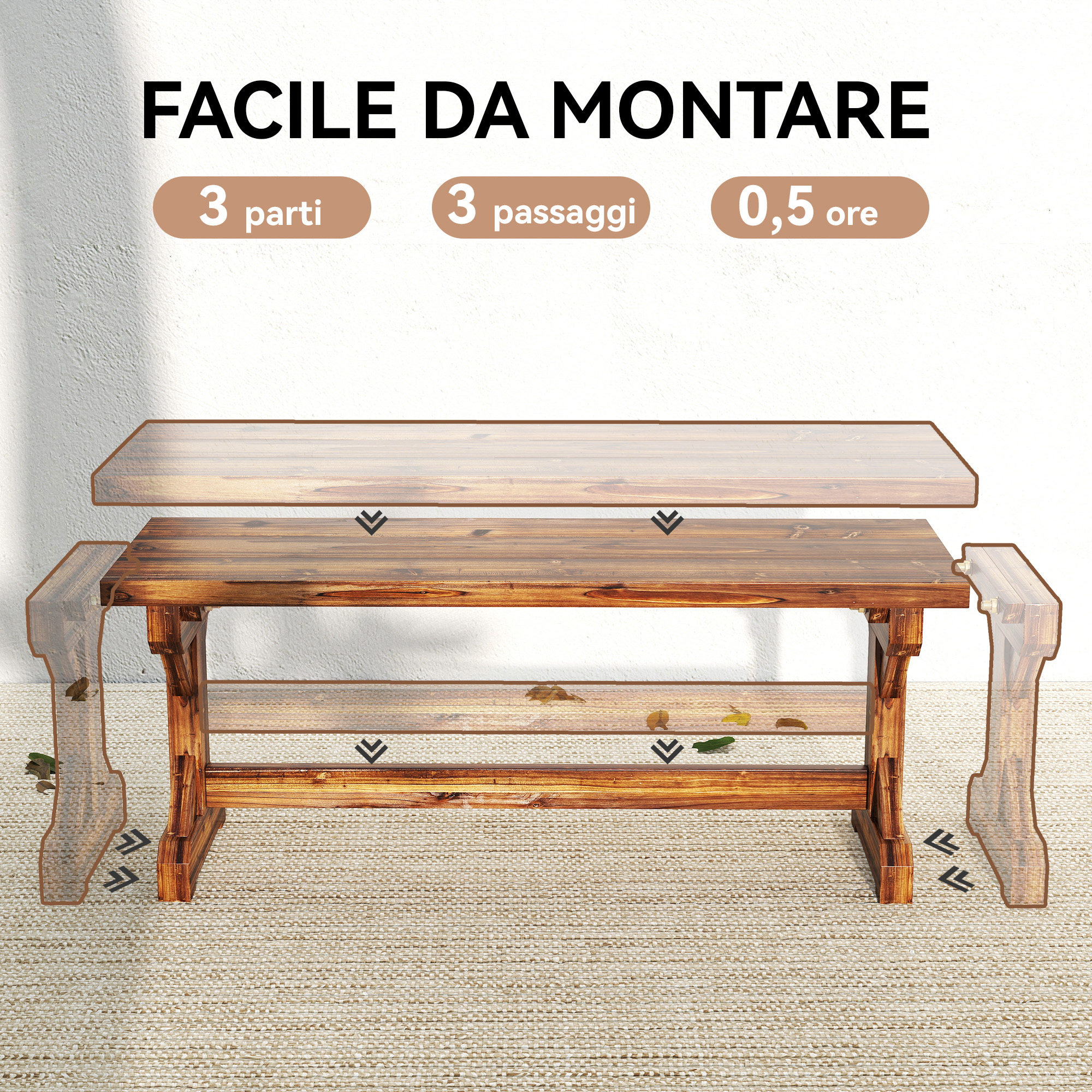 Montaggio tavolo in legno: 3 parti, 3 passaggi, 0,5 ore. Facile da montare.