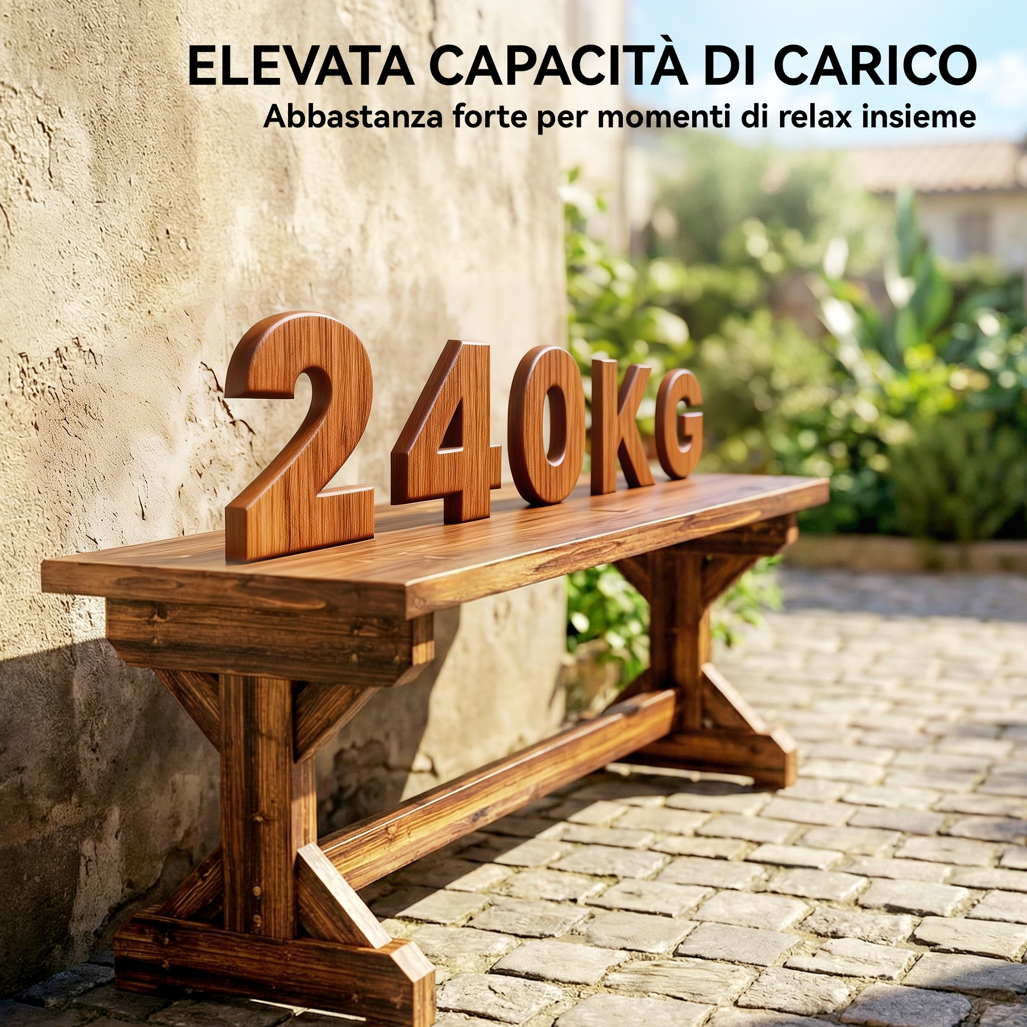 Panca in legno con scritta 240KG all'aperto, vicino a un muro.