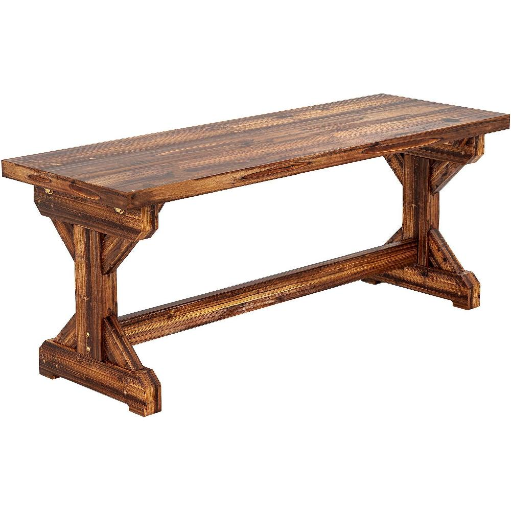 Una panca in legno marrone scuro con seduta a doghe e gambe a forma di X.