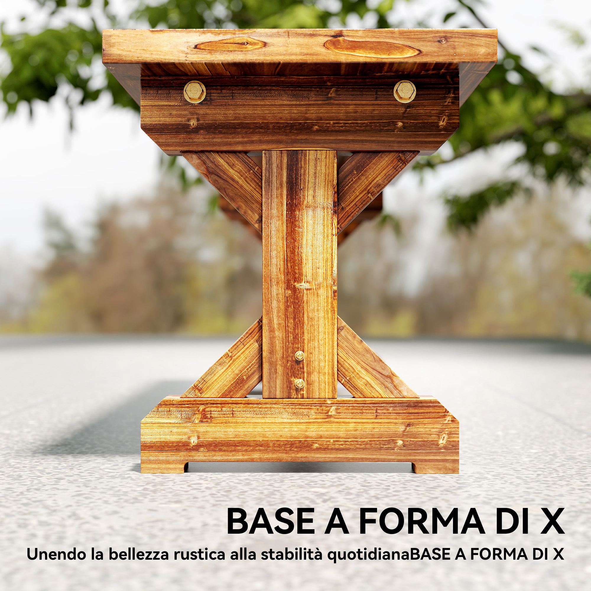 Gamba di banco in legno a forma di X con venature visibili.