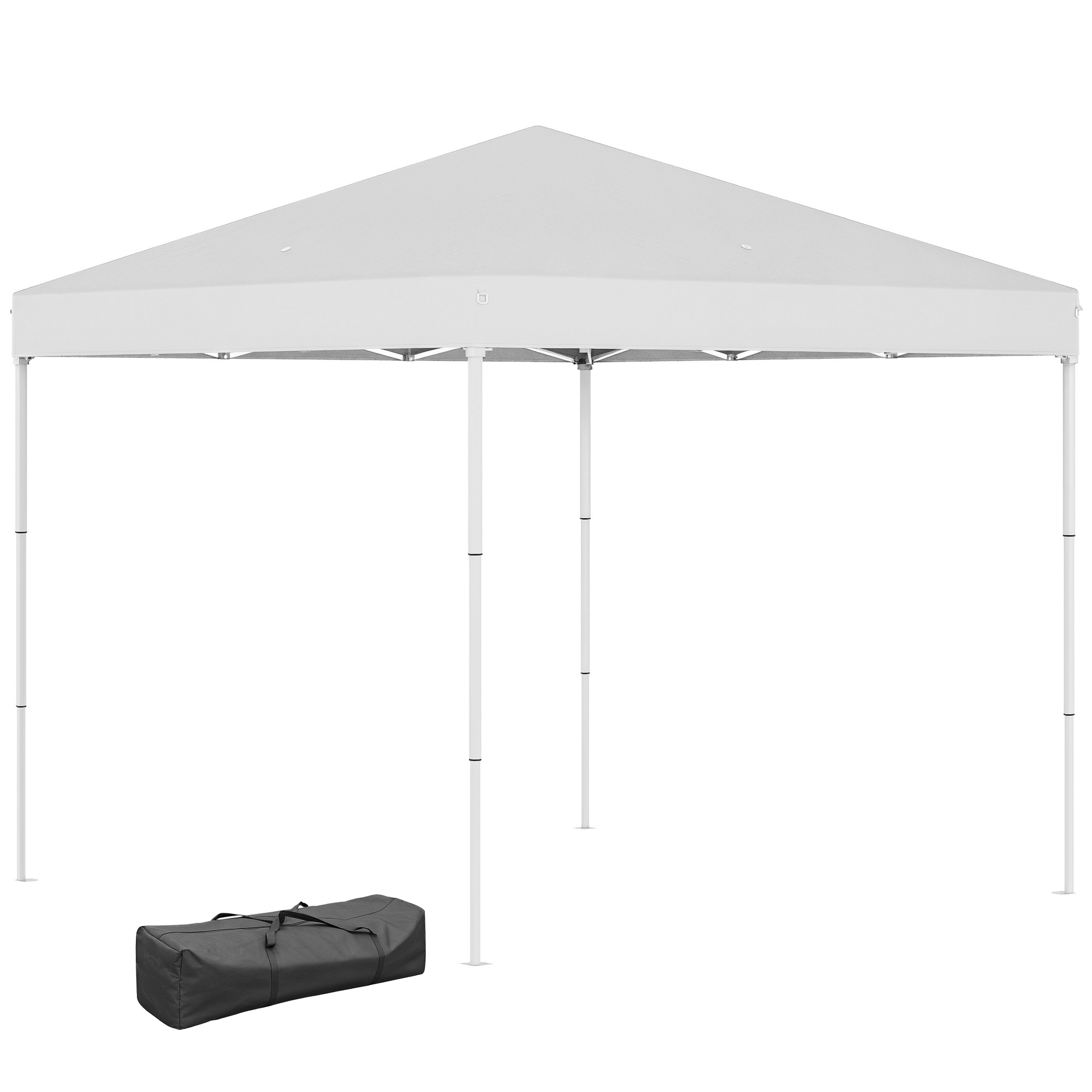 Una tenda pop-up bianca con borsa da trasporto nera su sfondo bianco.