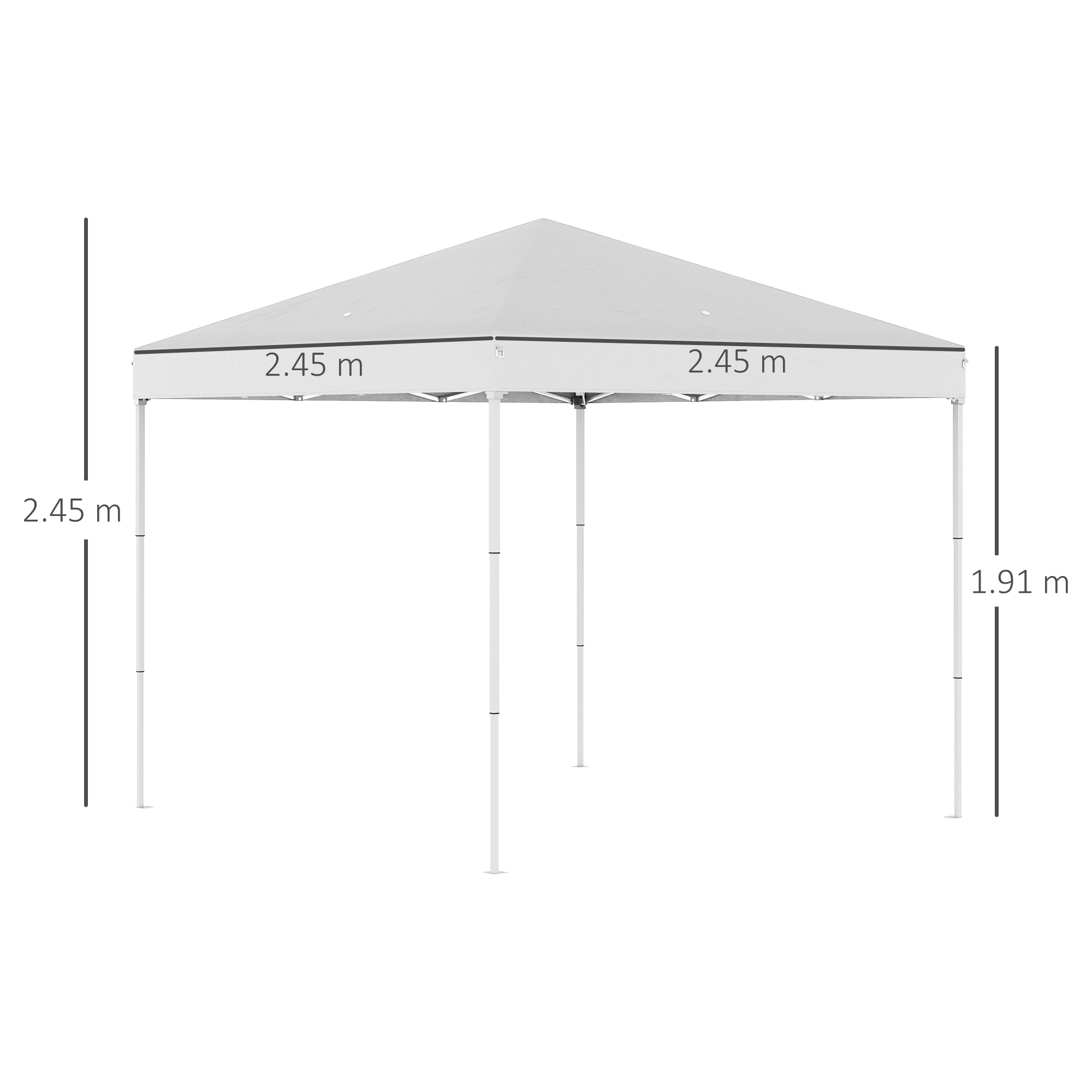 Una tenda bianca di 2,45 m x 1,91 m, su sfondo bianco.