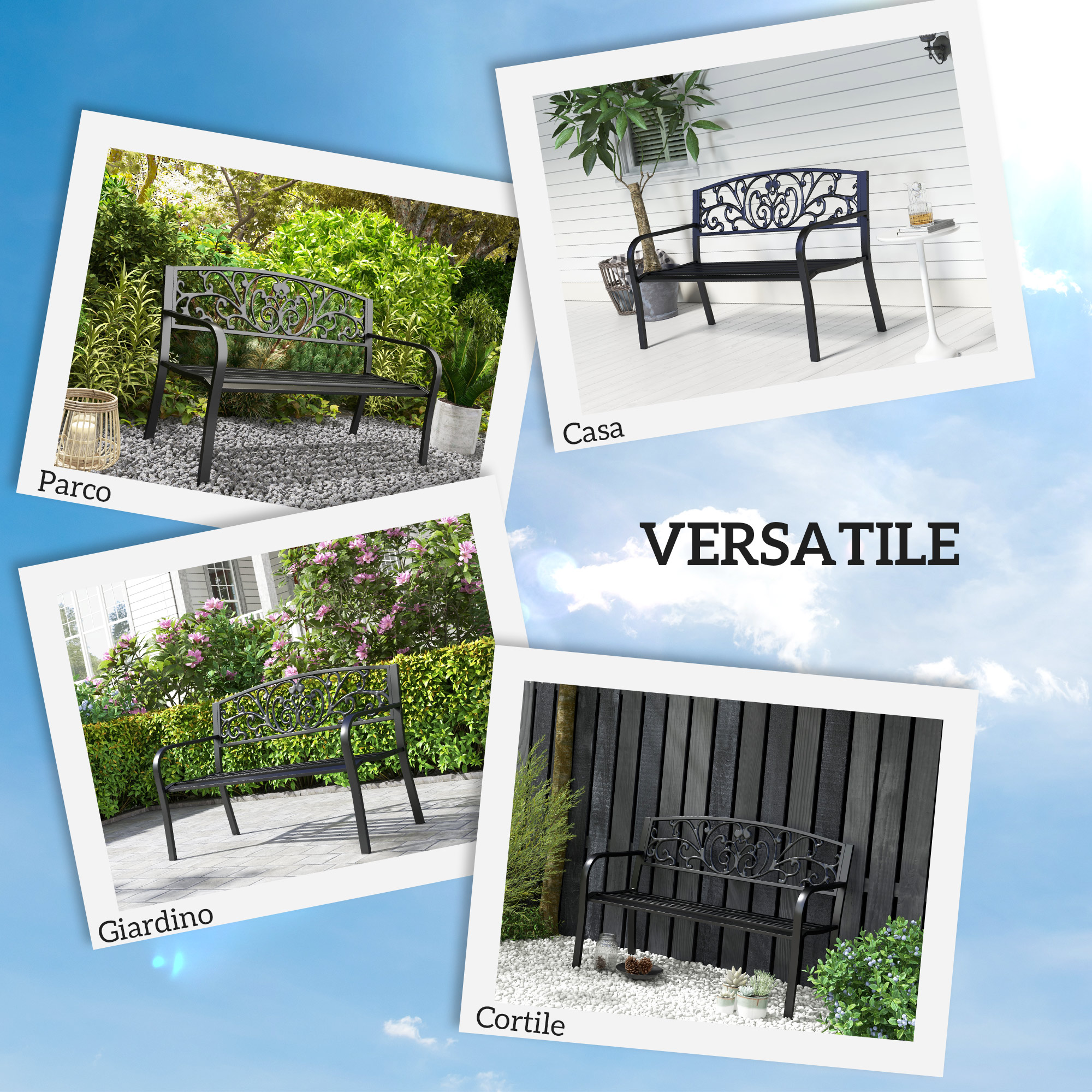 Quattro immagini di panchine in metallo nere in vari esterni, etichettate 'Parco', 'Casa', 'Giardino', 'Cortile'.
