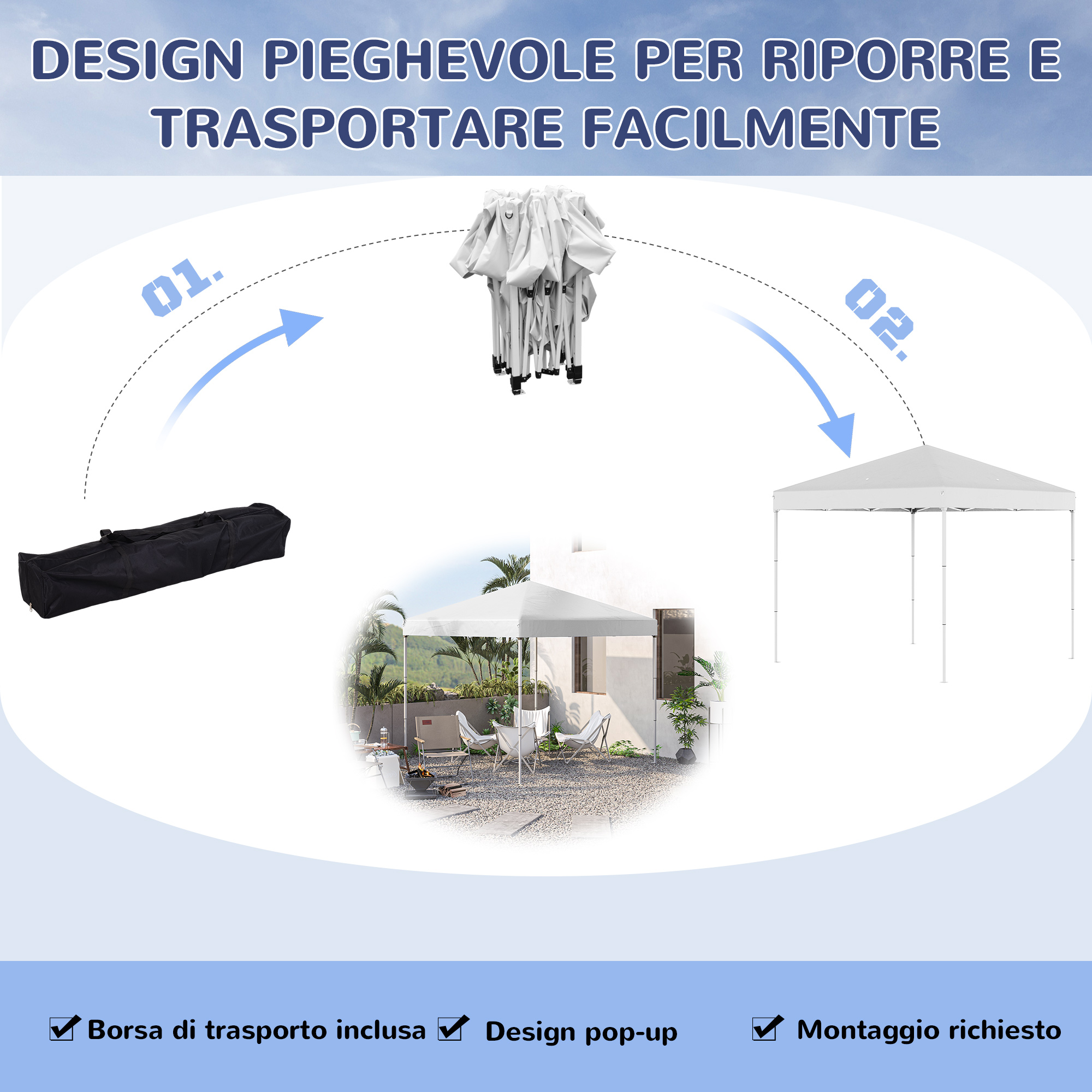 Una tenda pieghevole viene mostrata, prima imballata, poi montata.