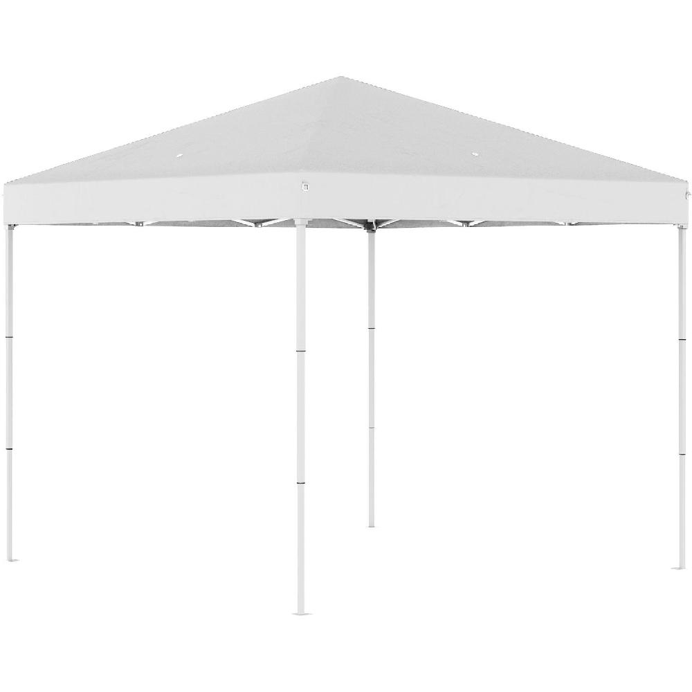 Una tenda bianca pieghevole con quattro gambe su sfondo bianco.