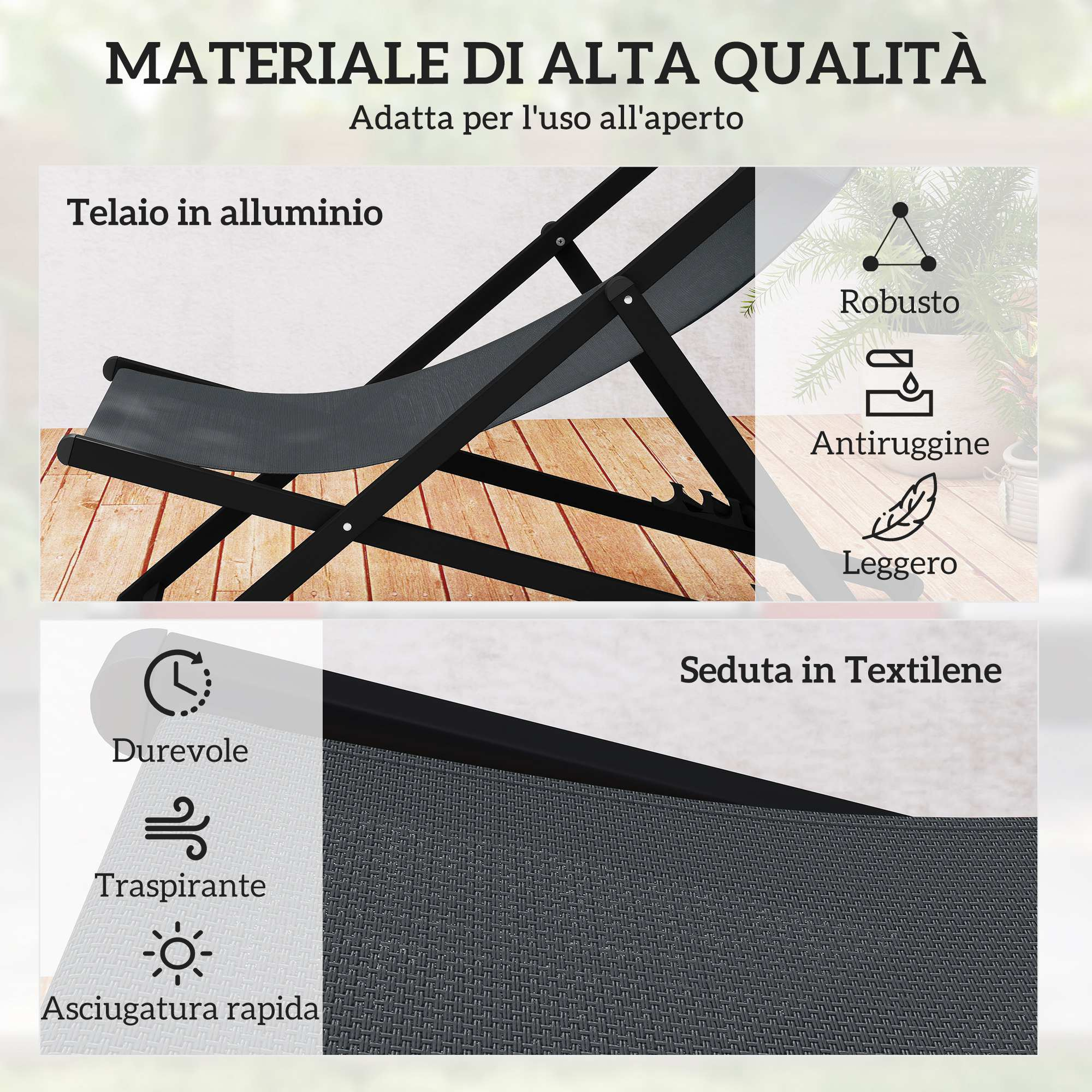 Sdraio grigio con telaio in alluminio e seduta in textilene su pavimento in legno.