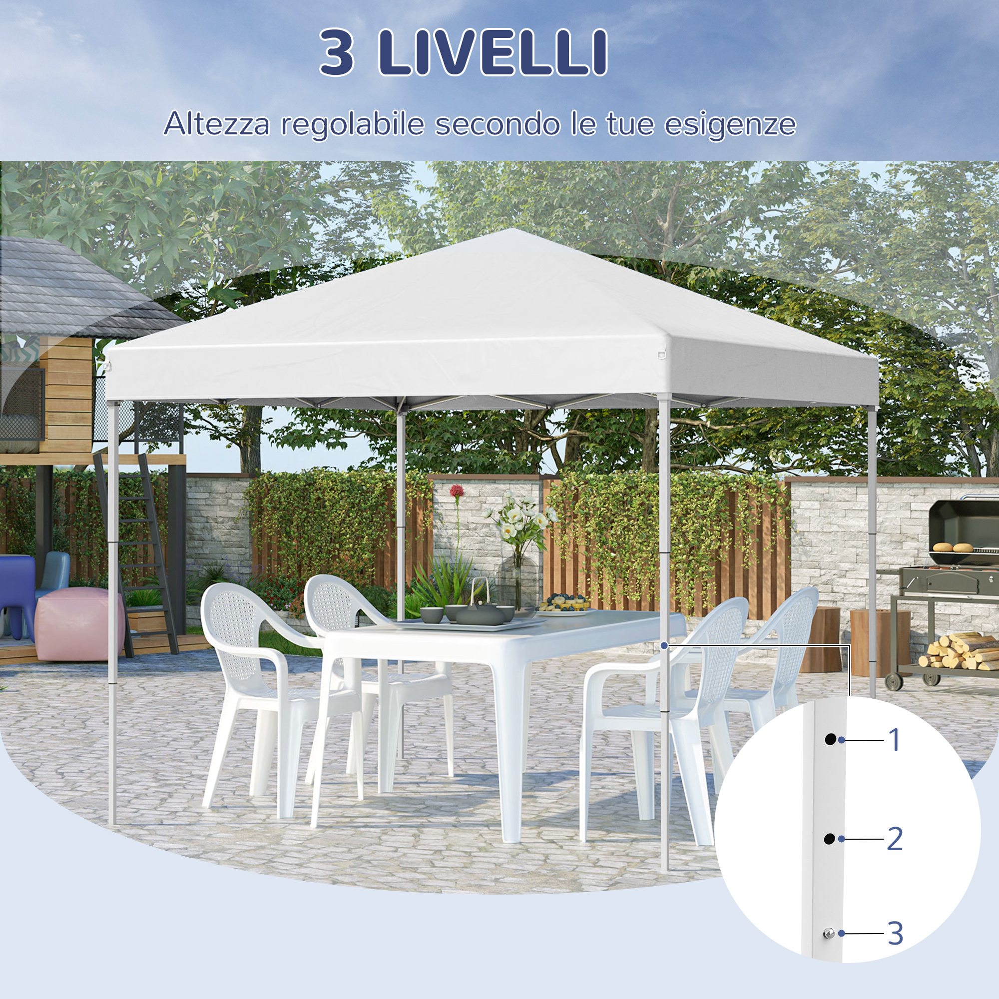 Tenda bianca con tavolo e sedie, barbecue e casa sull'albero in giardino.