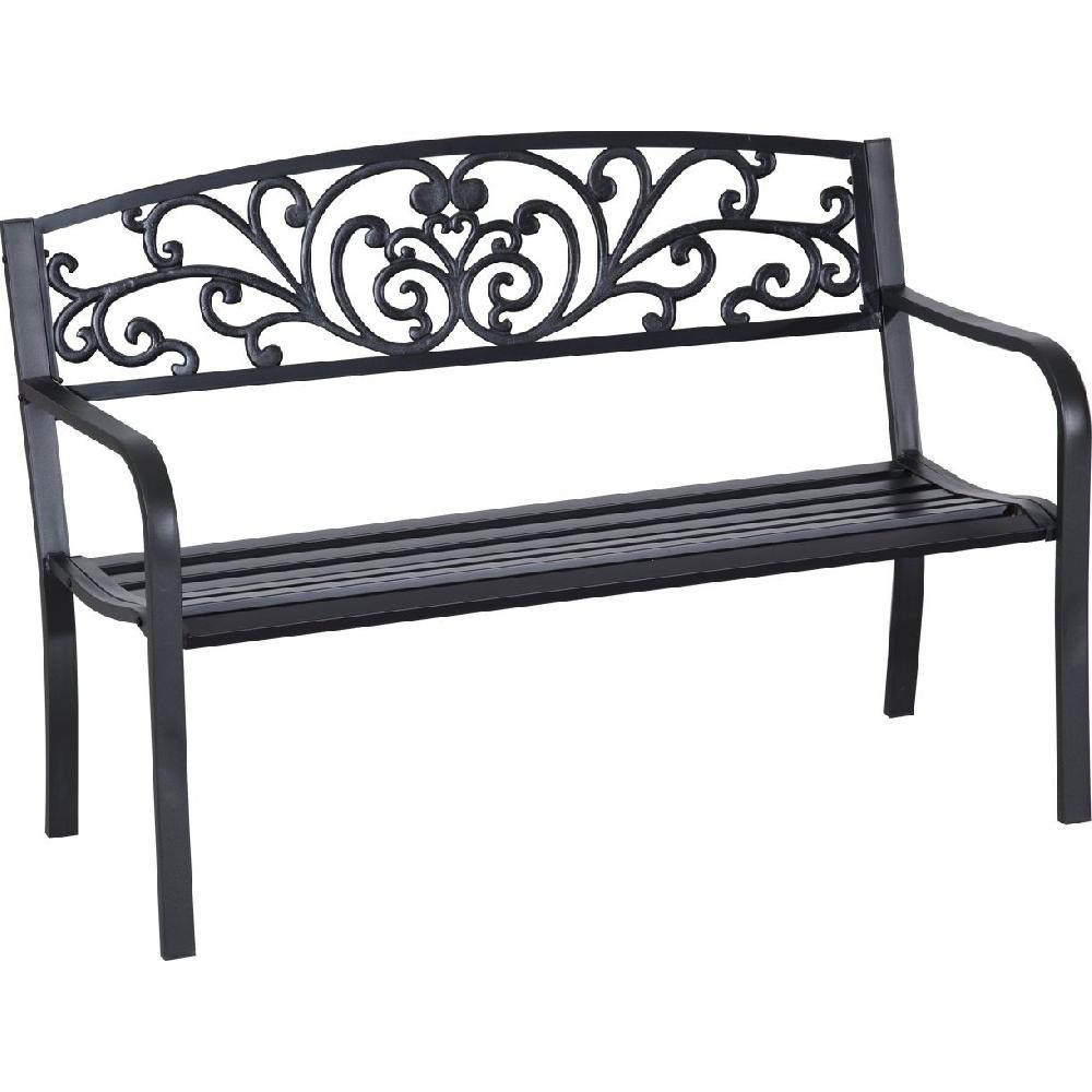 Una panchina da giardino in metallo nero con riccioli decorativi sullo schienale.