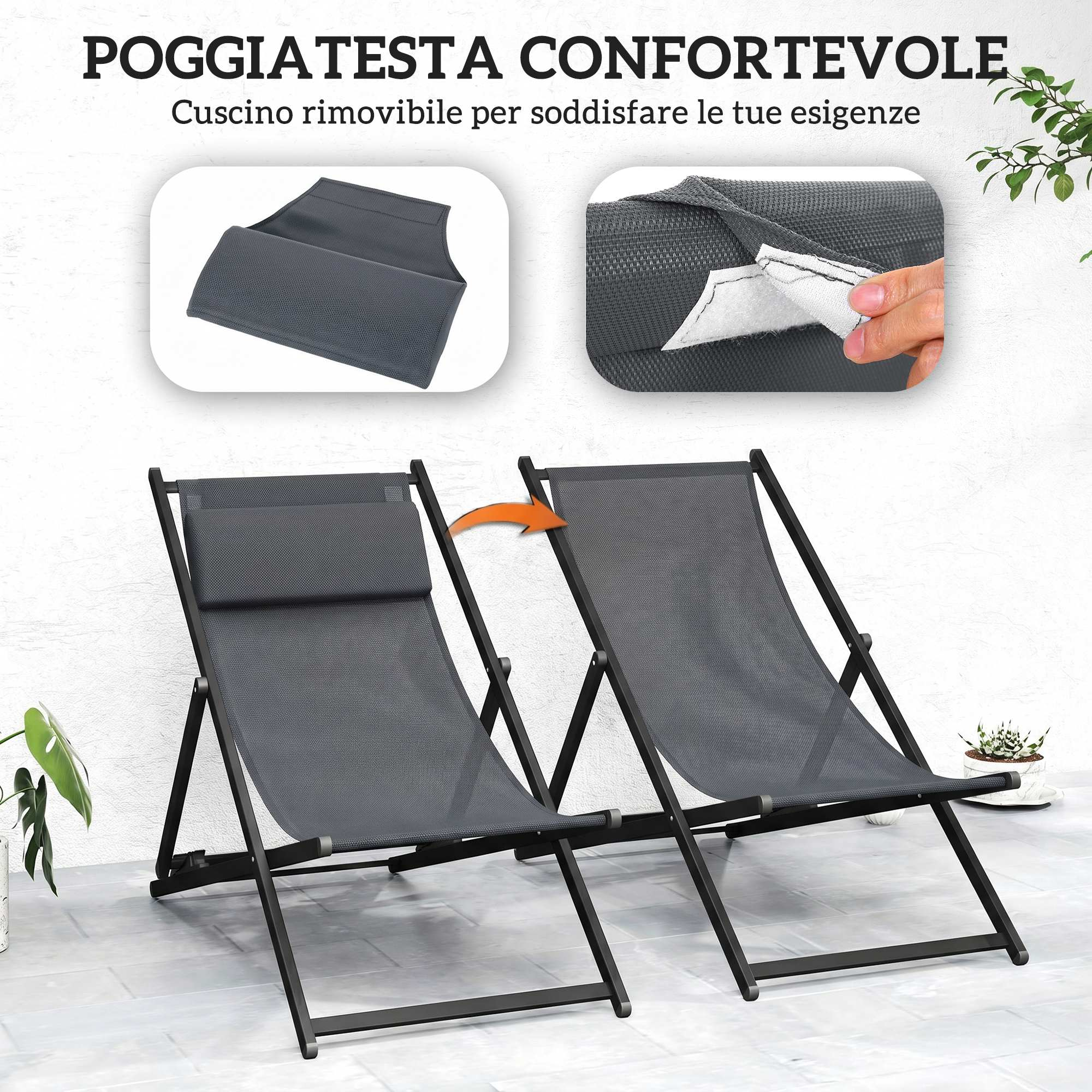 Due sedie a sdraio grigie con poggiatesta rimovibile e coprisedile.