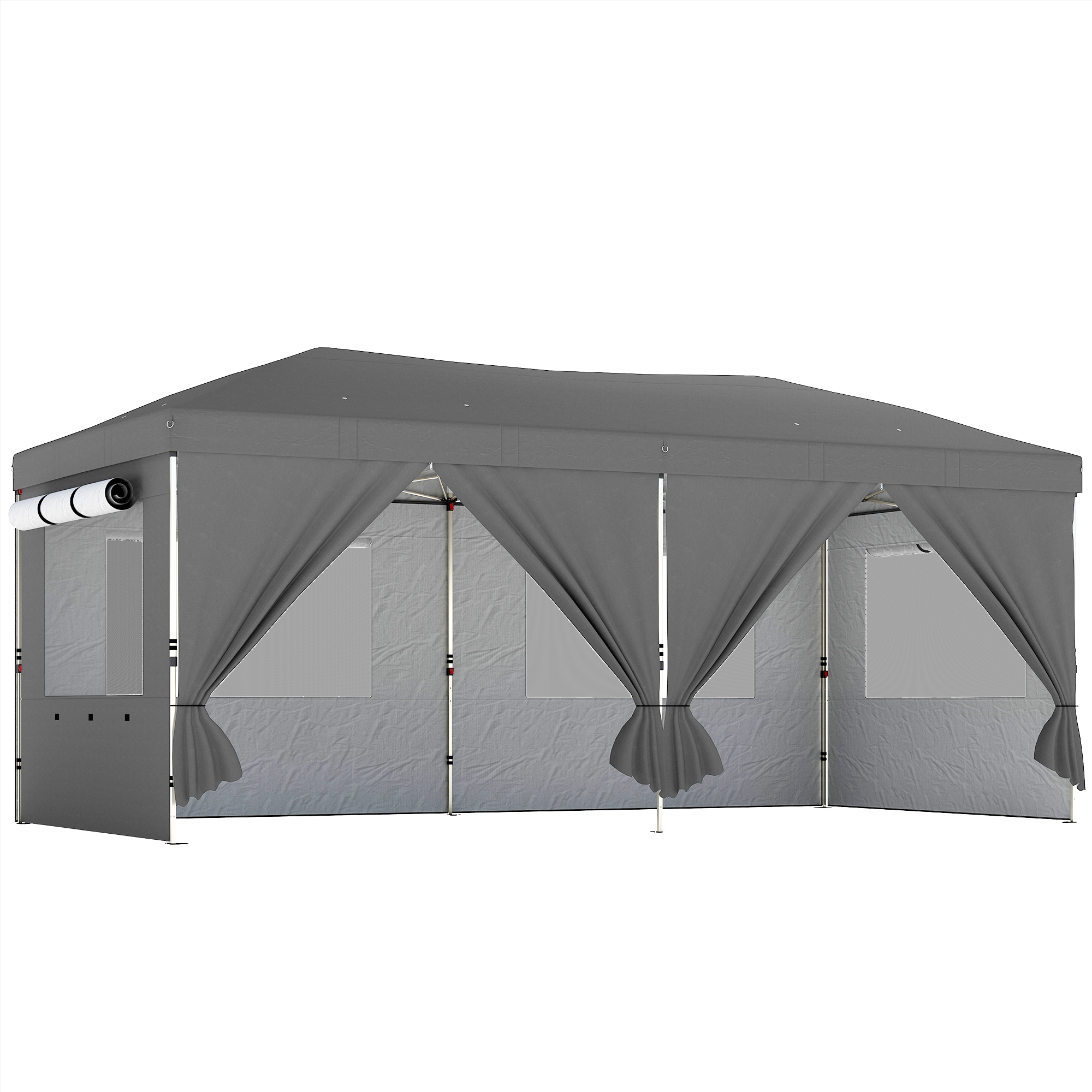 Tenda grigia con finestre e tende, rotolo bianco sopra.