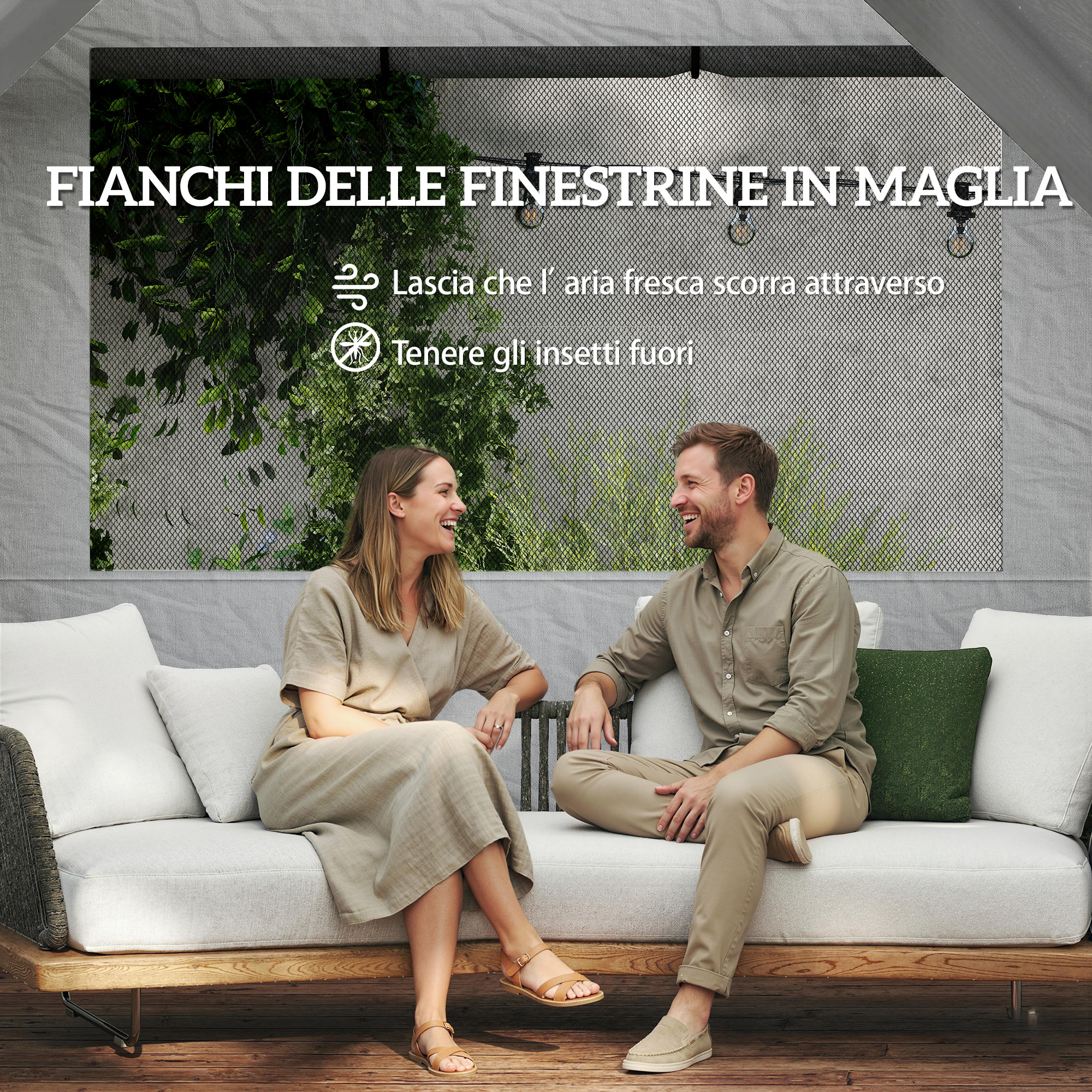 Coppia su divano davanti a rete e piante. Testo su finestre in rete: aria fresca, insetti fuori.