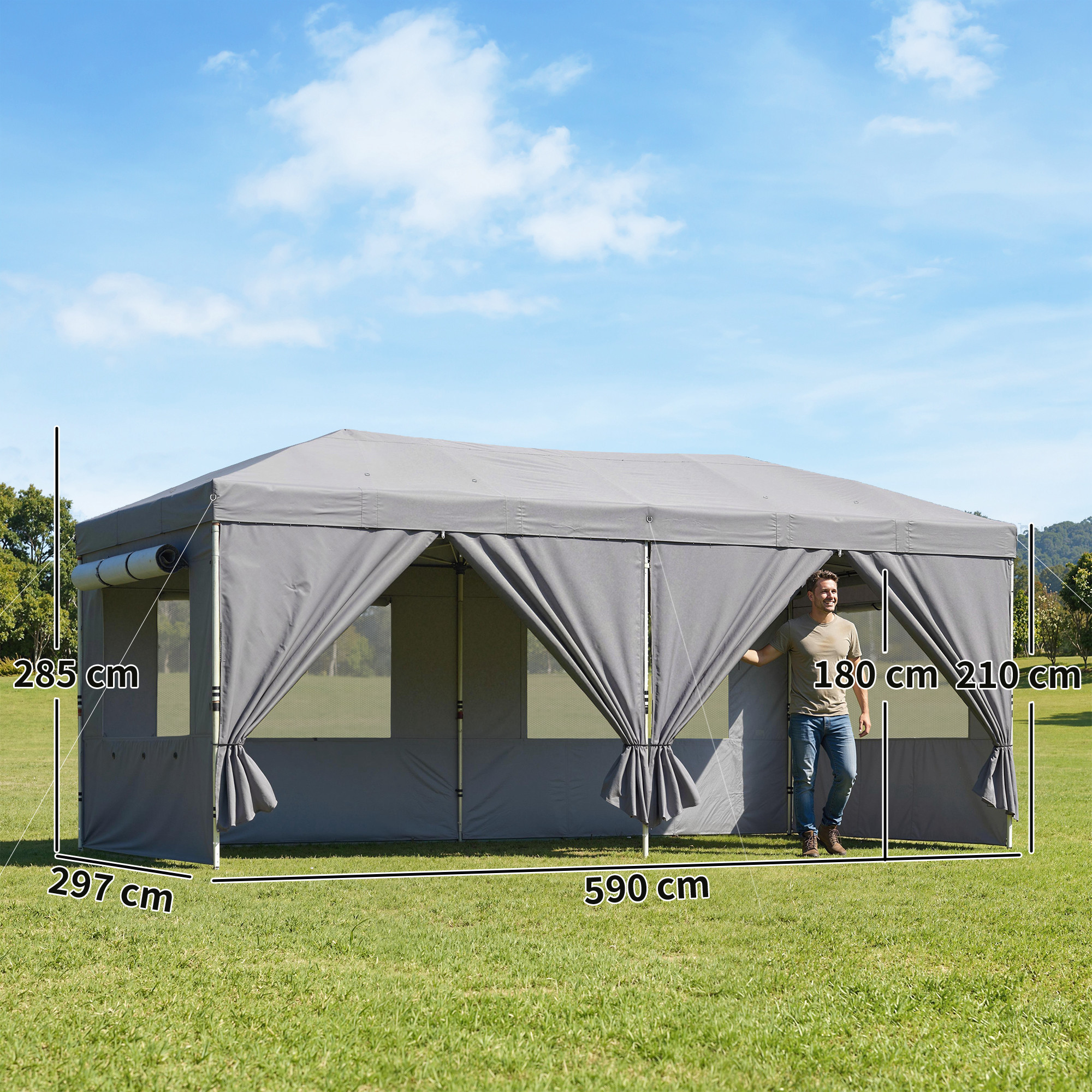 Un uomo dentro un gazebo grigio. Vengono mostrate le dimensioni.
