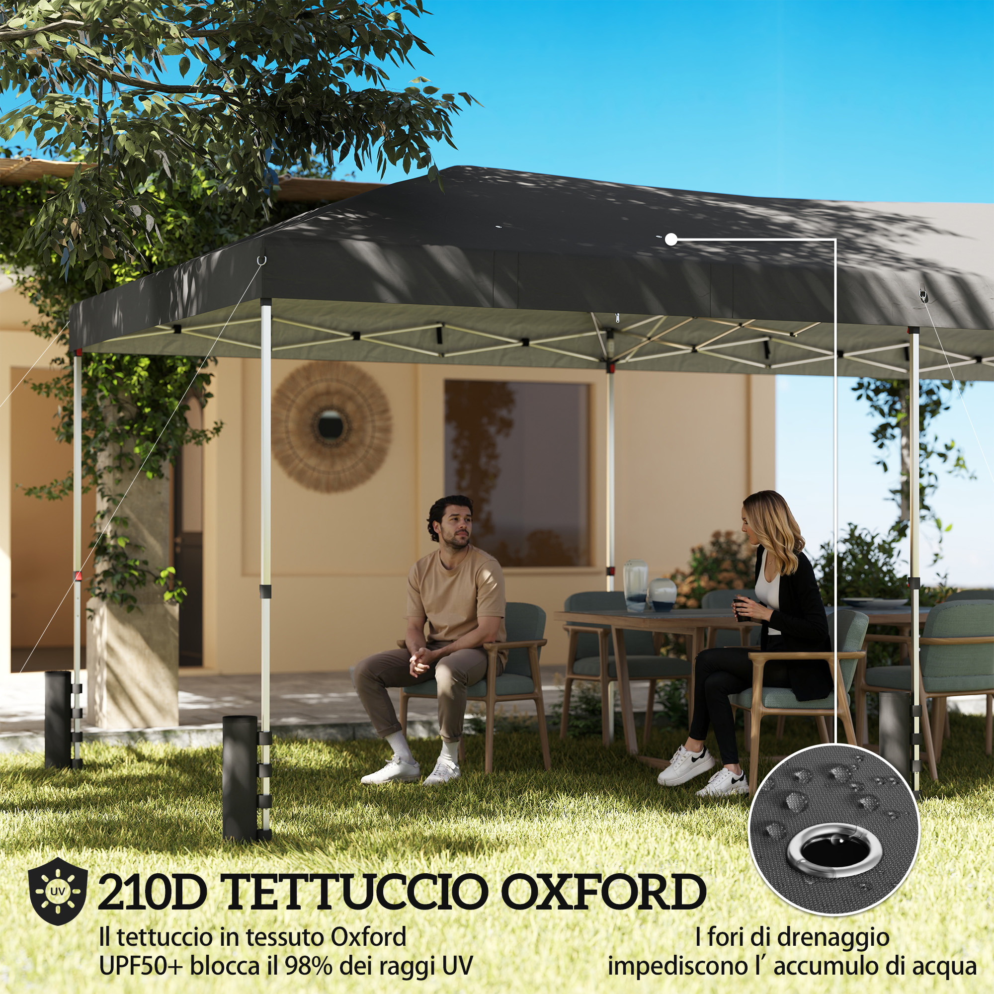 Uomo e donna seduti sotto un gazebo scuro in giardino. C'è un tavolo e sedie.