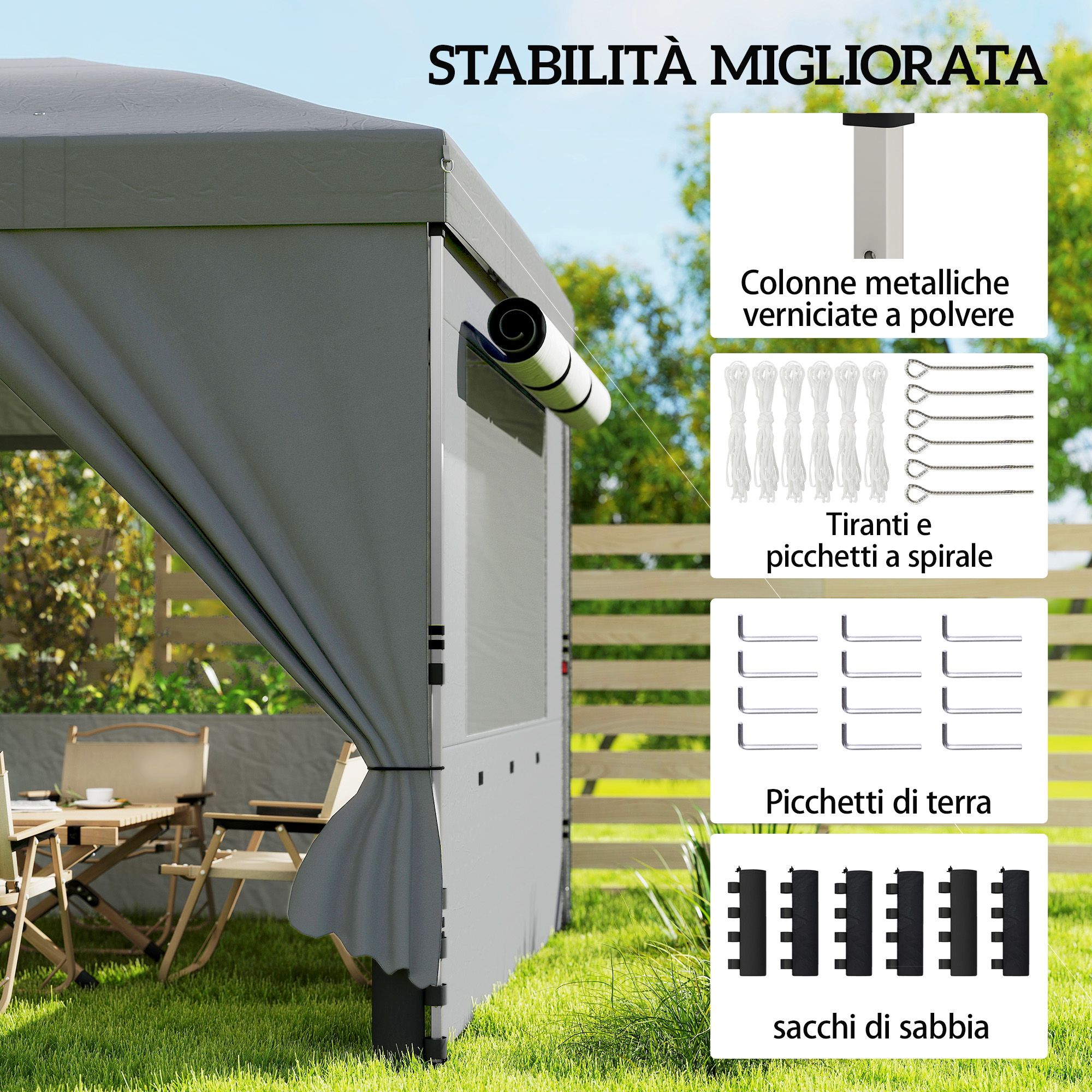 Tenda grigia con accessori: gambe metalliche, corde, picchetti, sacchi sabbia.