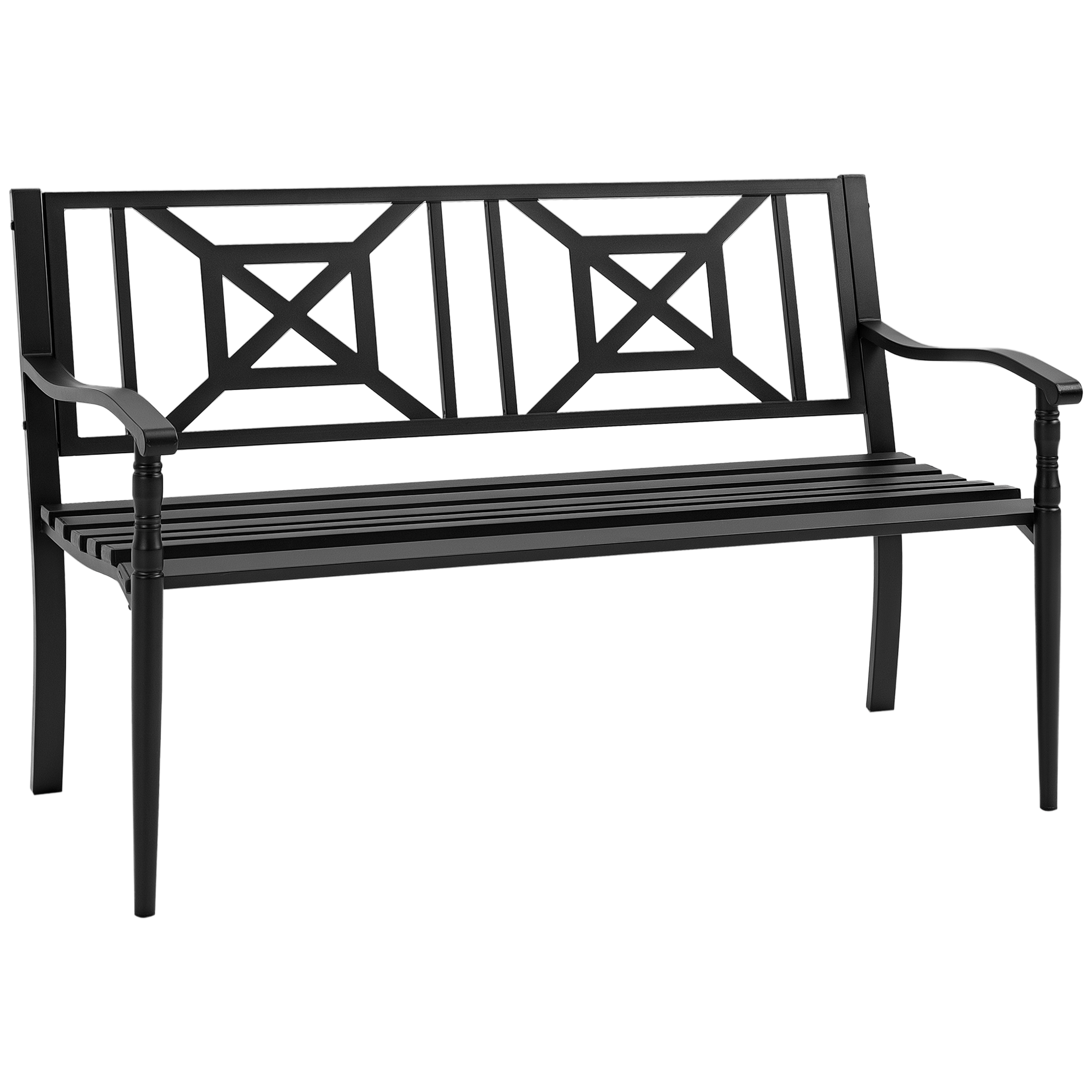 Una panchina da giardino nera con schienale dal design geometrico e seduta a listelli.