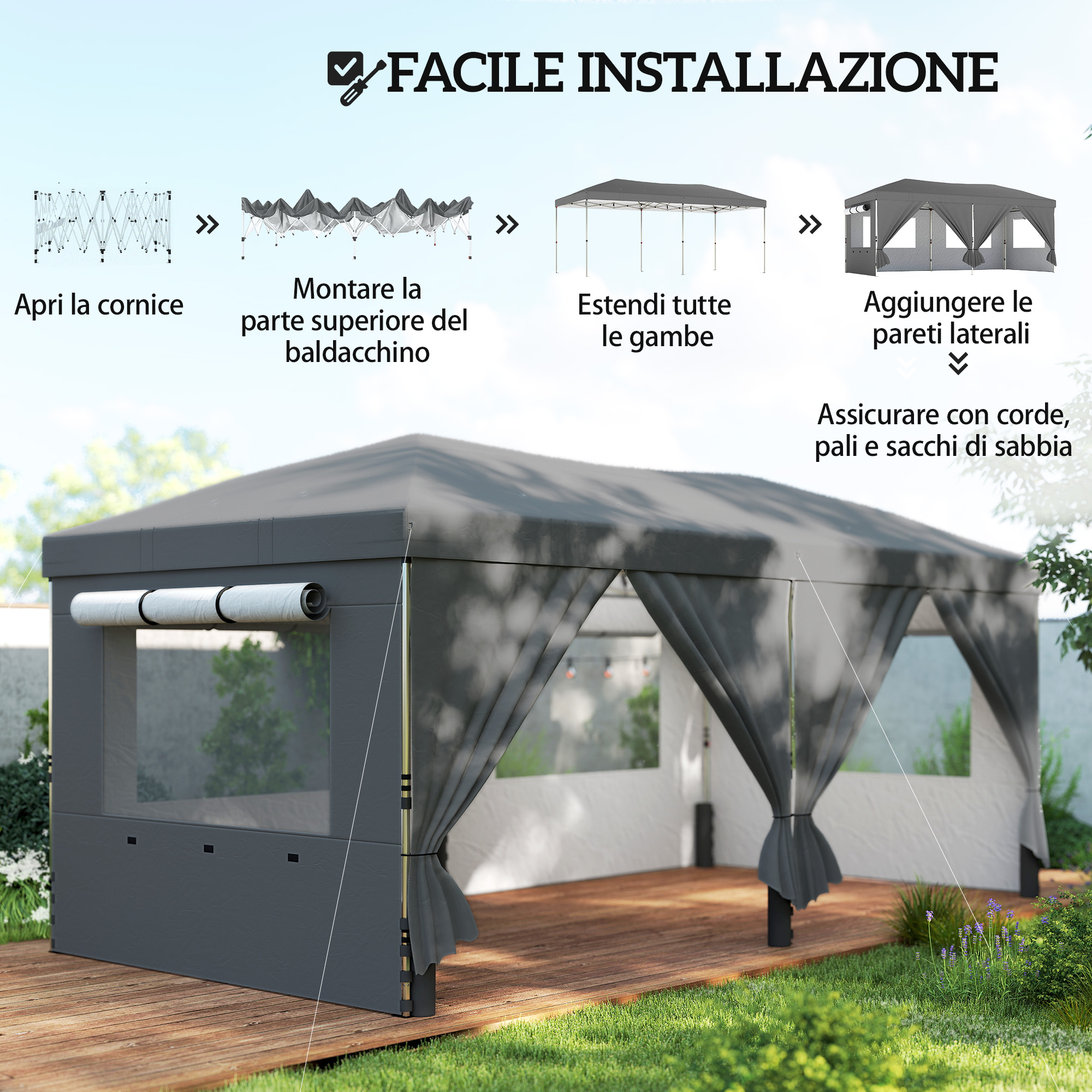 Guida passo passo che mostra l'assemblaggio di un gazebo con tetto in tessuto scuro e pareti laterali.