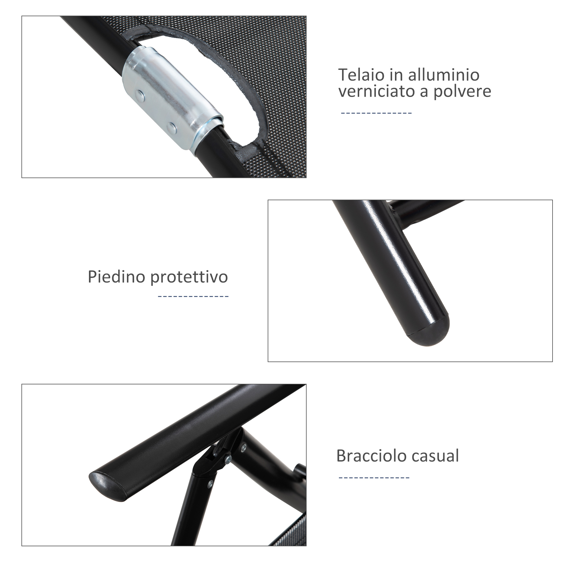 Telaio sedia tessuto nero con tubo in acciaio, giunzione metallica, bracciolo.