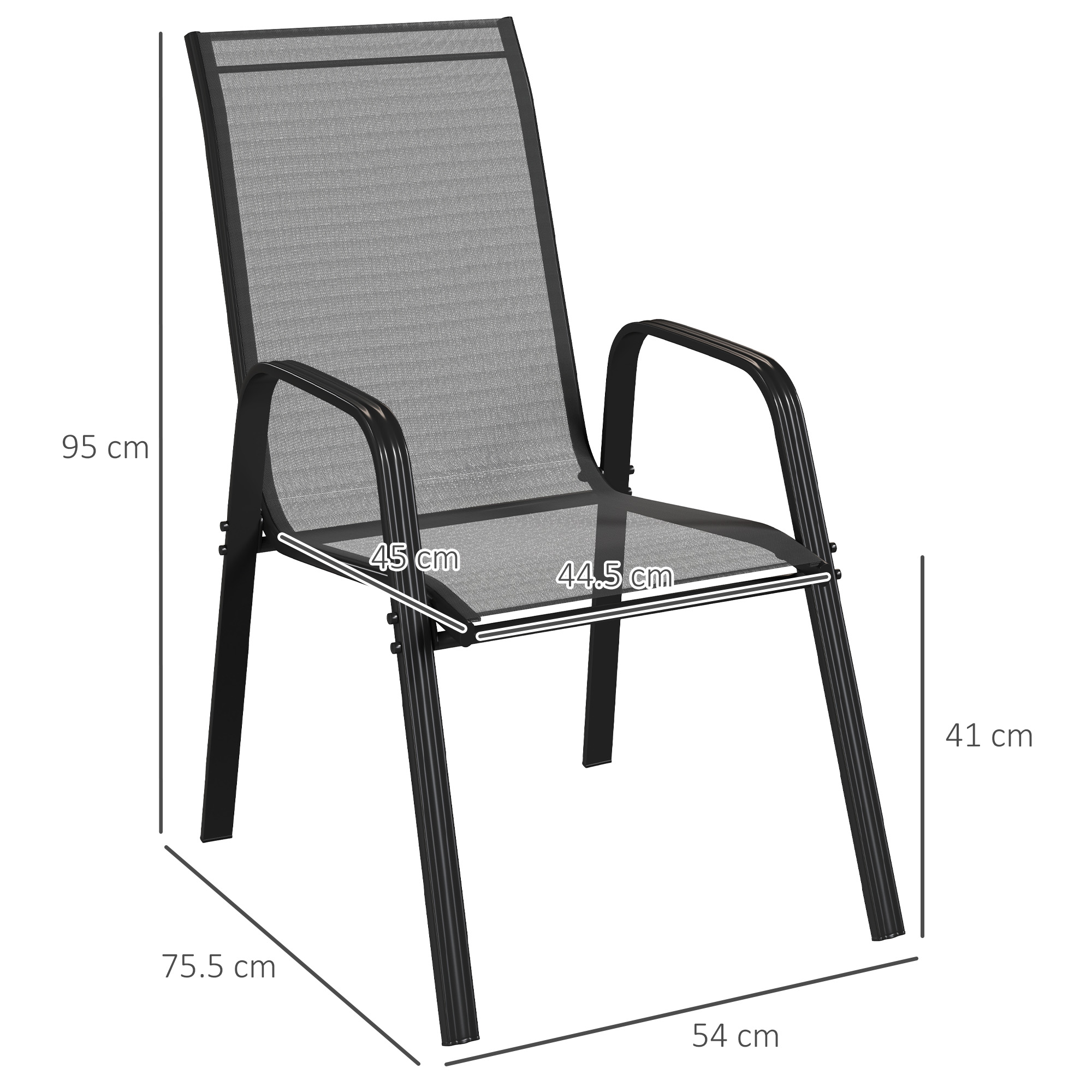 Sedia nera in metallo e rete con dimensioni.