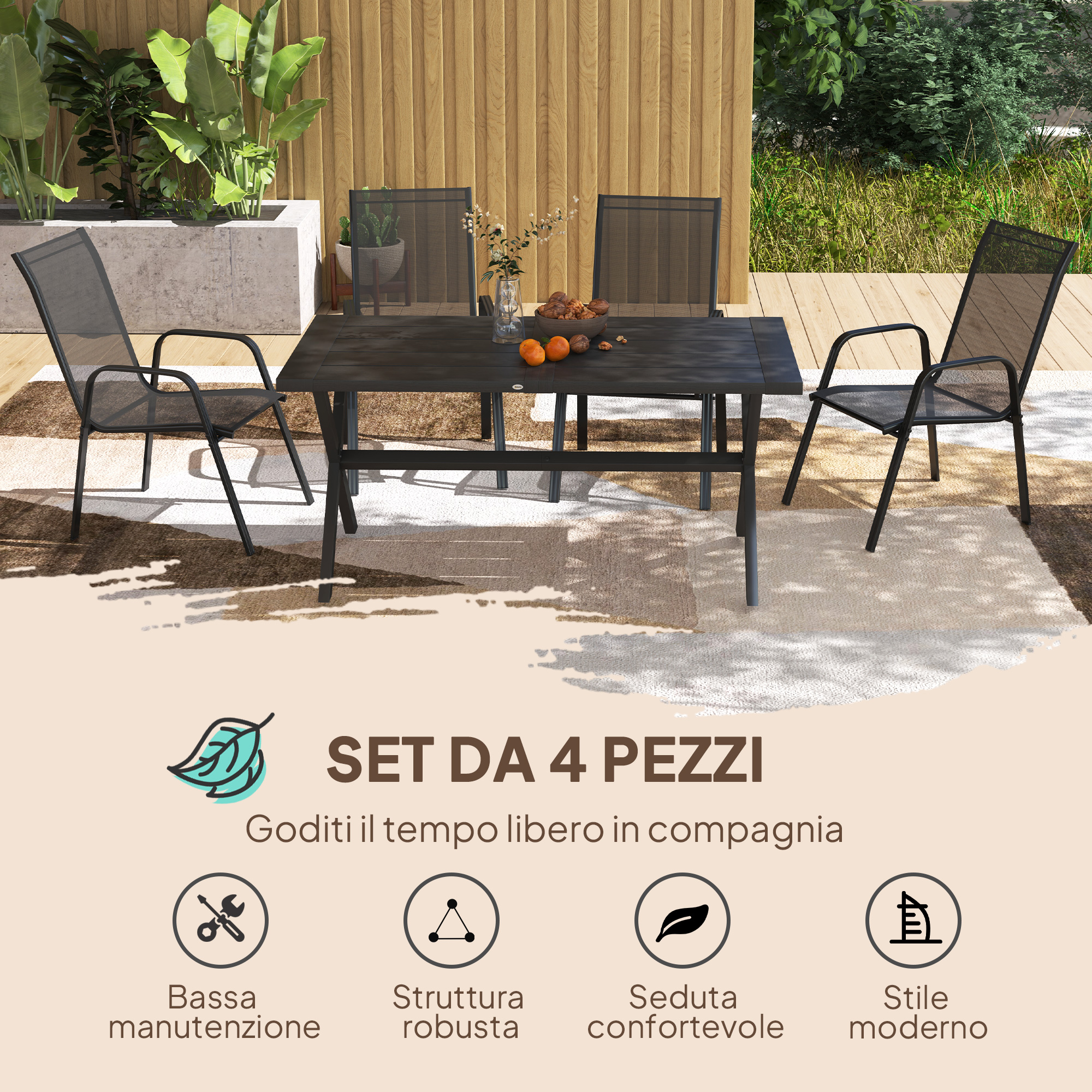 Un set da pranzo da esterno scuro con quattro sedie su un patio.