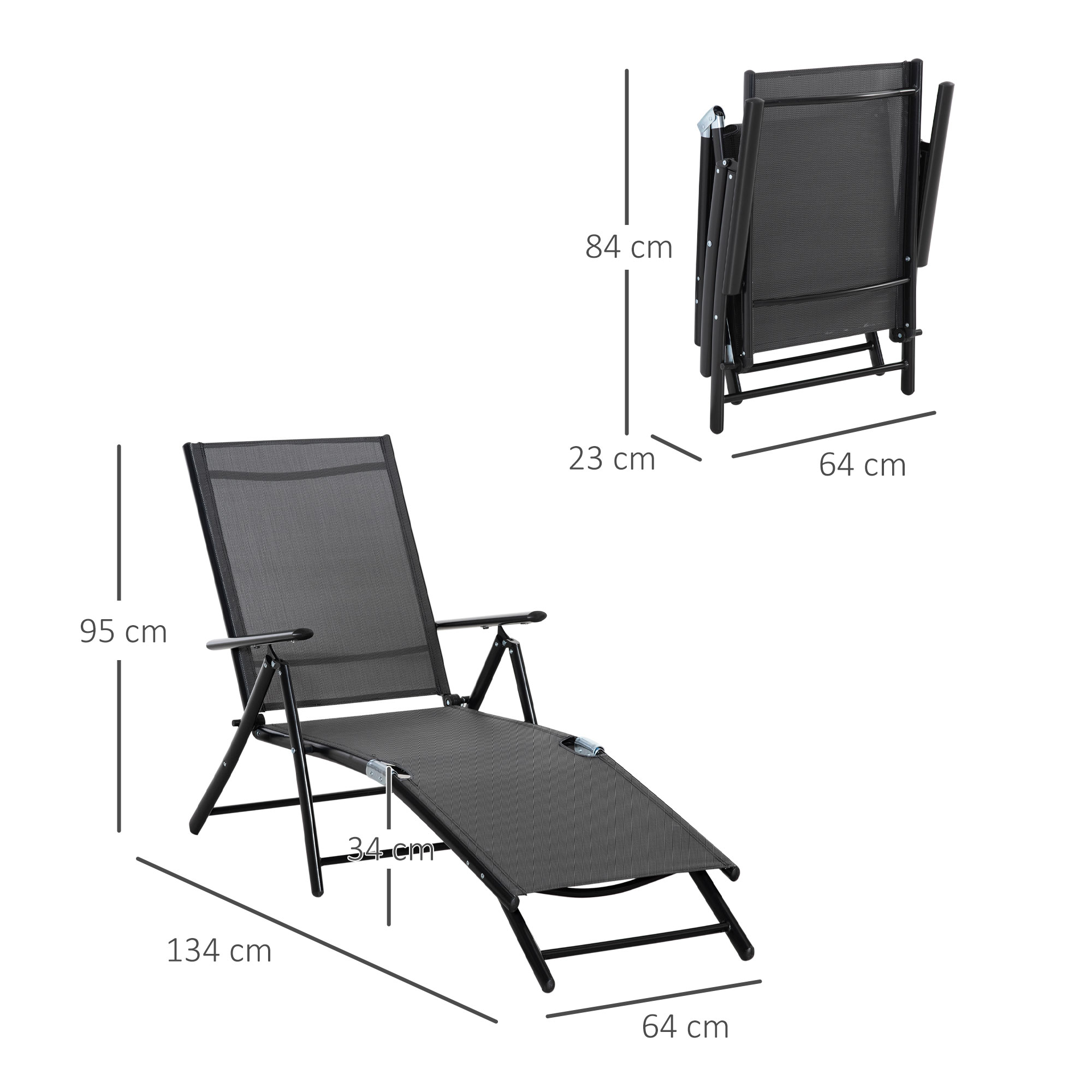 Una sedia a sdraio pieghevole nera con dimensioni 134x95 cm.