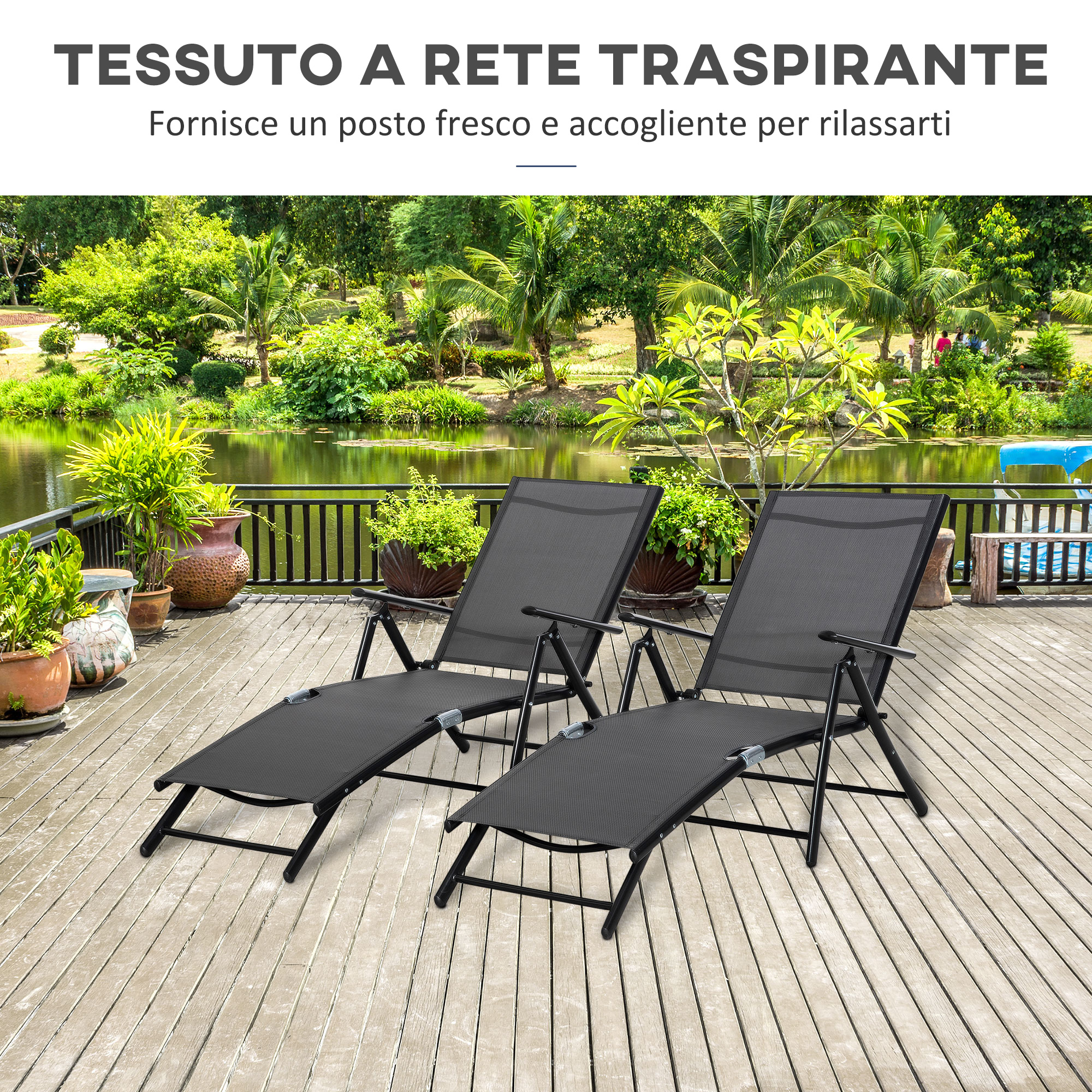 Due sedie a sdraio nere su una terrazza di legno che si affaccia su uno stagno.