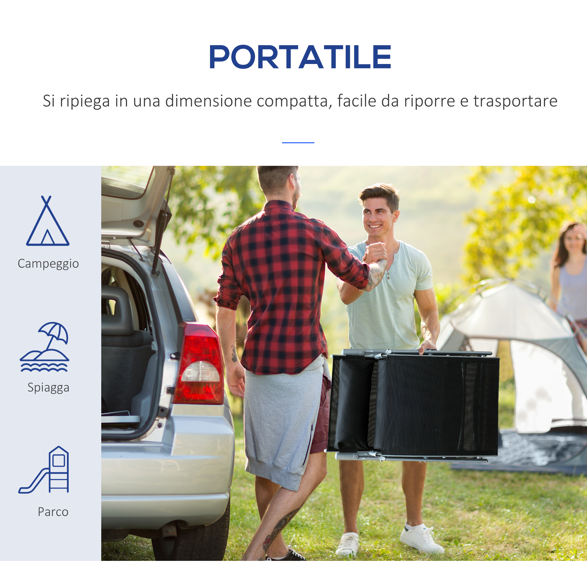 Due uomini con un dispositivo portatile davanti a un'auto e una tenda.