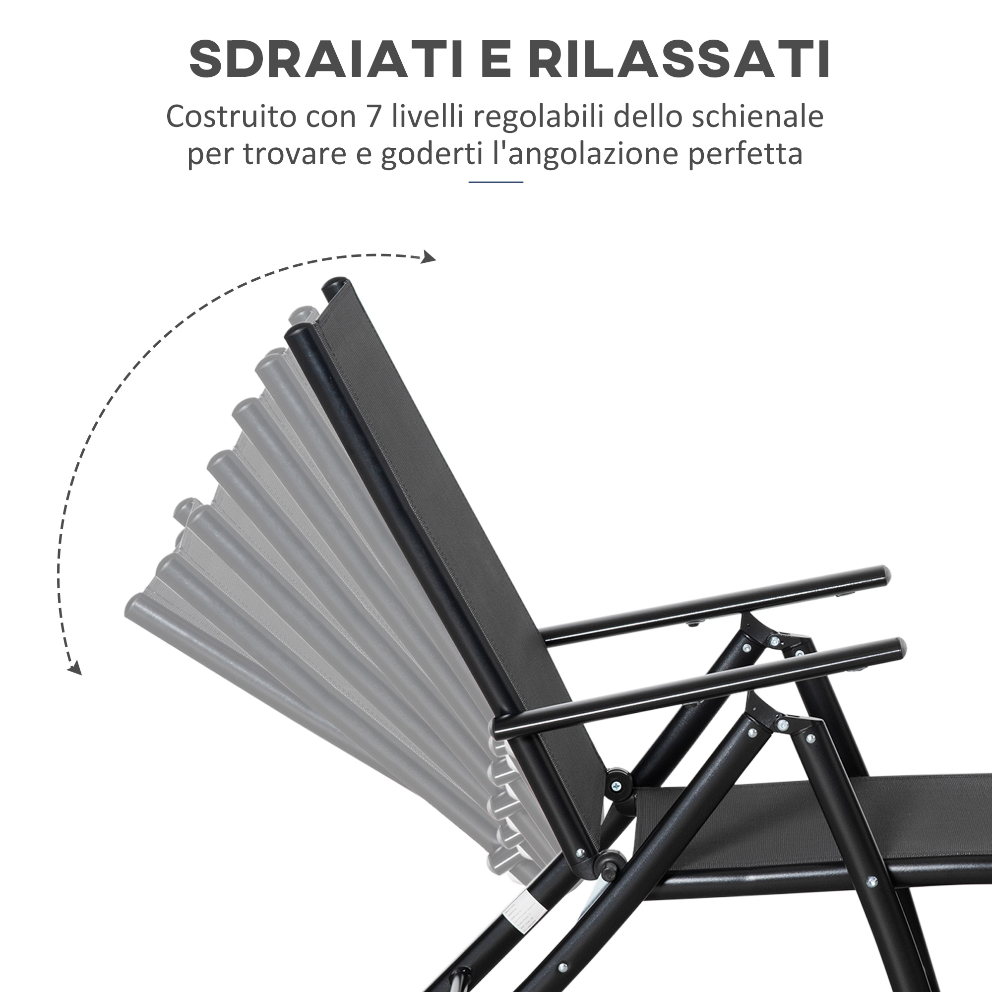Sedia a sdraio nera con schienale regolabile in 7 posizioni.