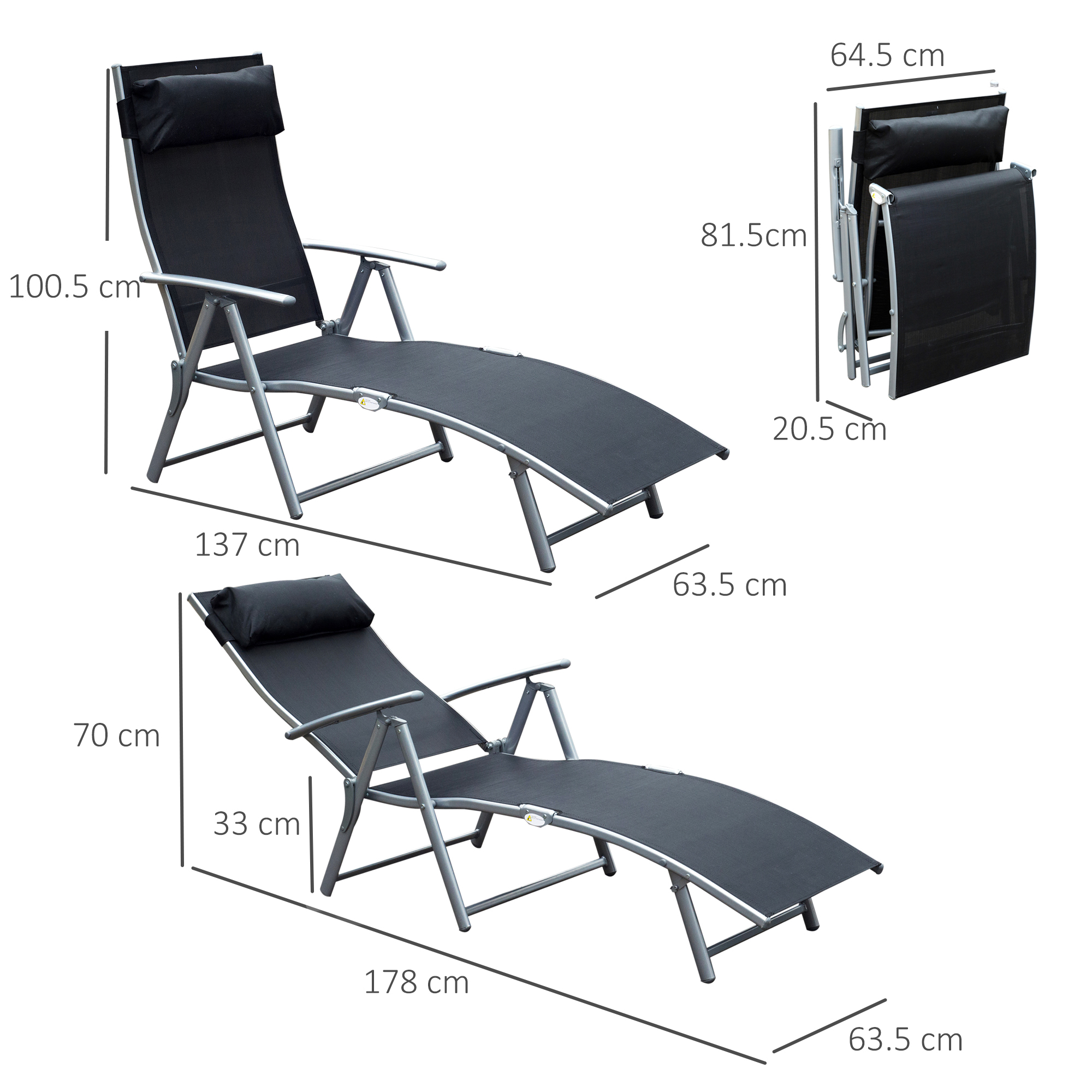 Una sedia a sdraio nera con cuscino, dimensioni indicate.