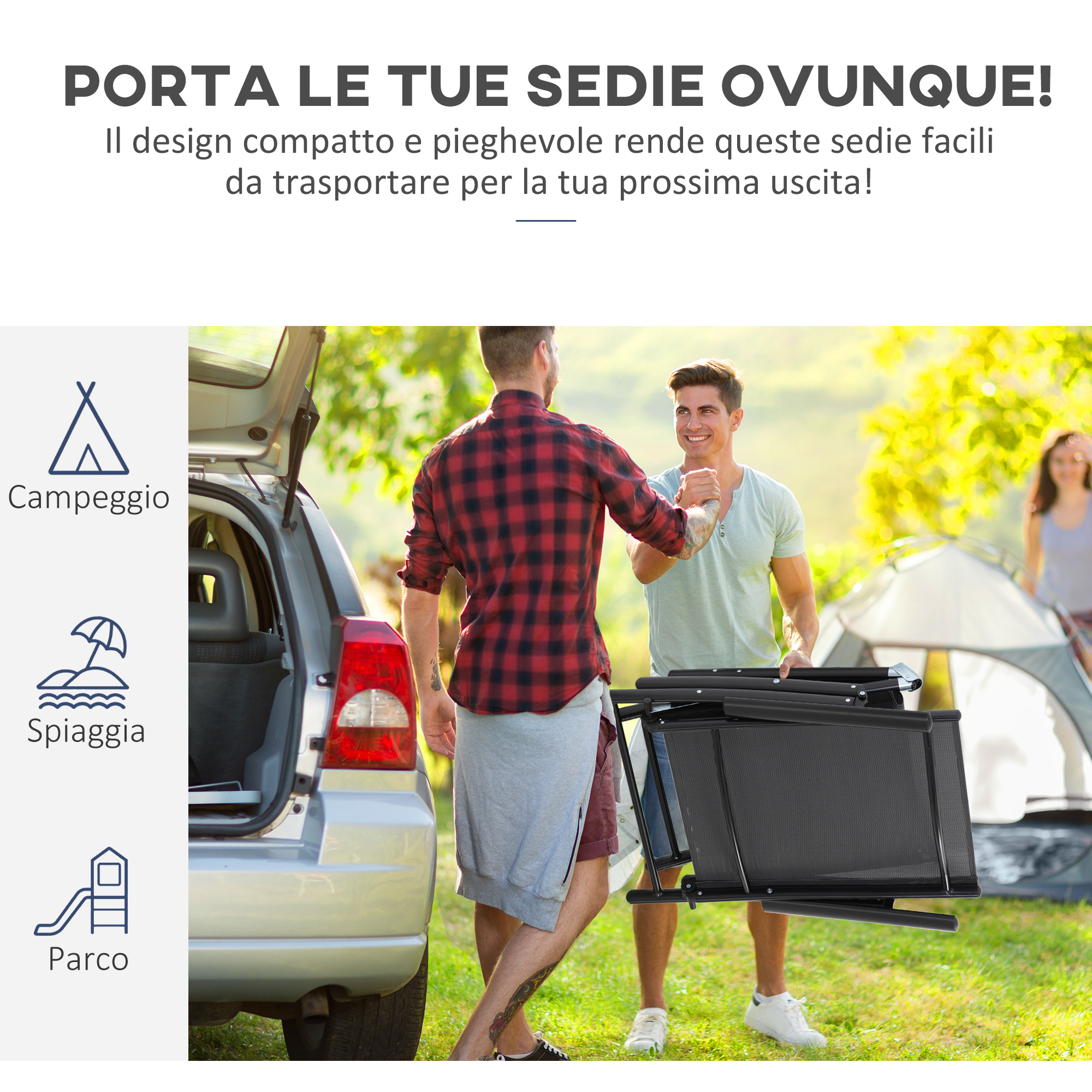 Uomini scaricano sedie da un'auto per campeggio. Tenda sullo sfondo.