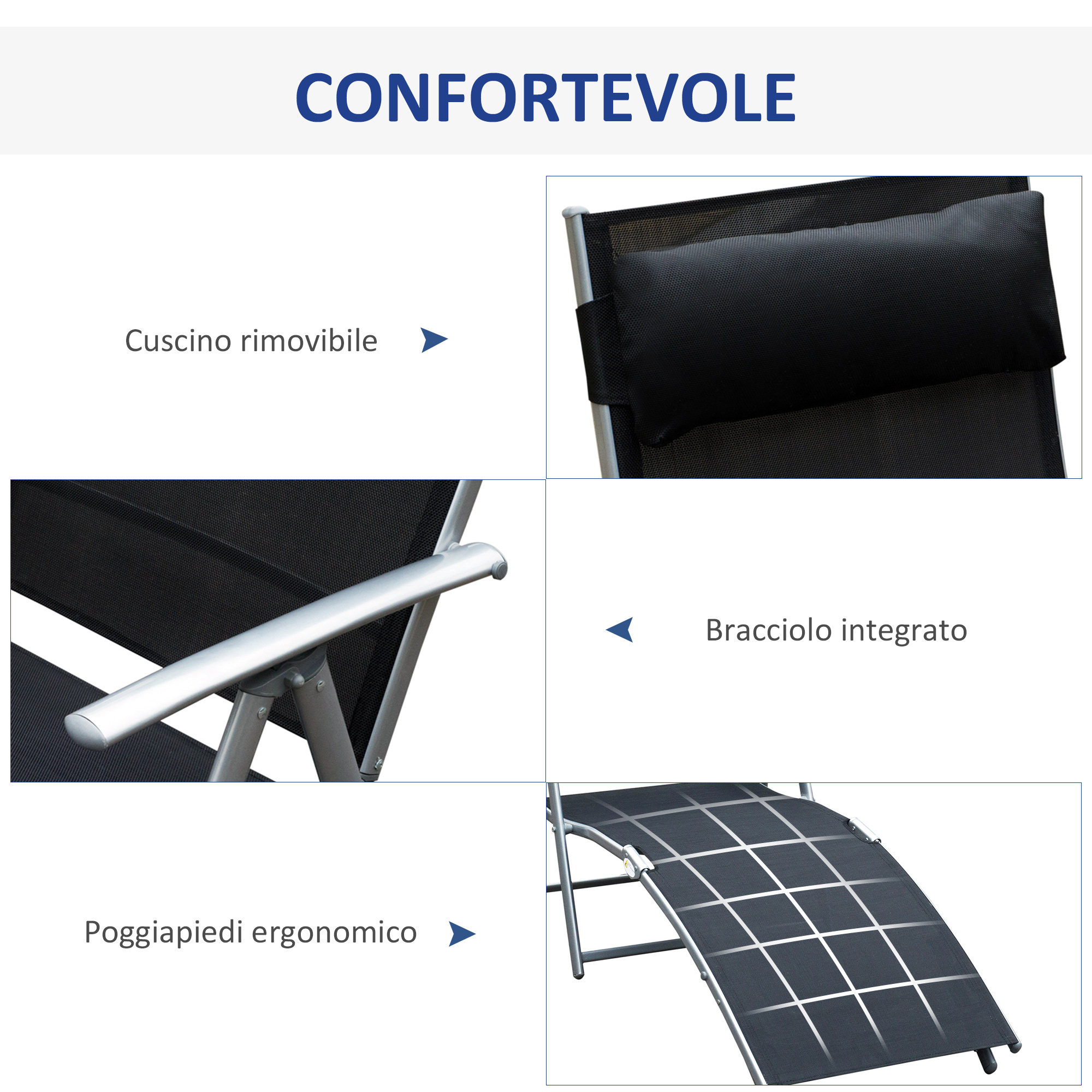 Lettino moderno con cuscino rimovibile, braccioli e poggiapiedi.