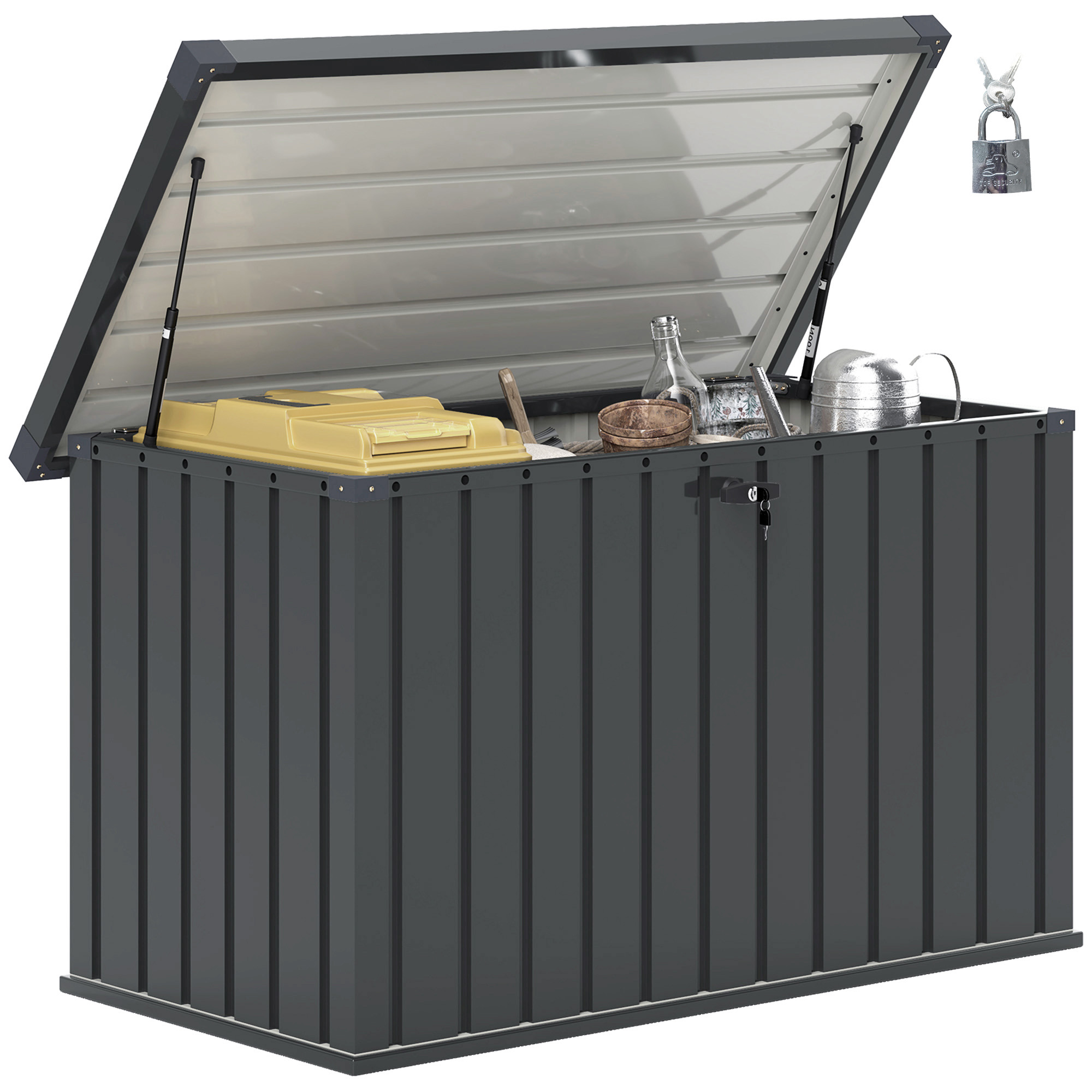 Contenitore grigio scuro con coperchio aperto, contenente oggetti. Lucchetto a lato.